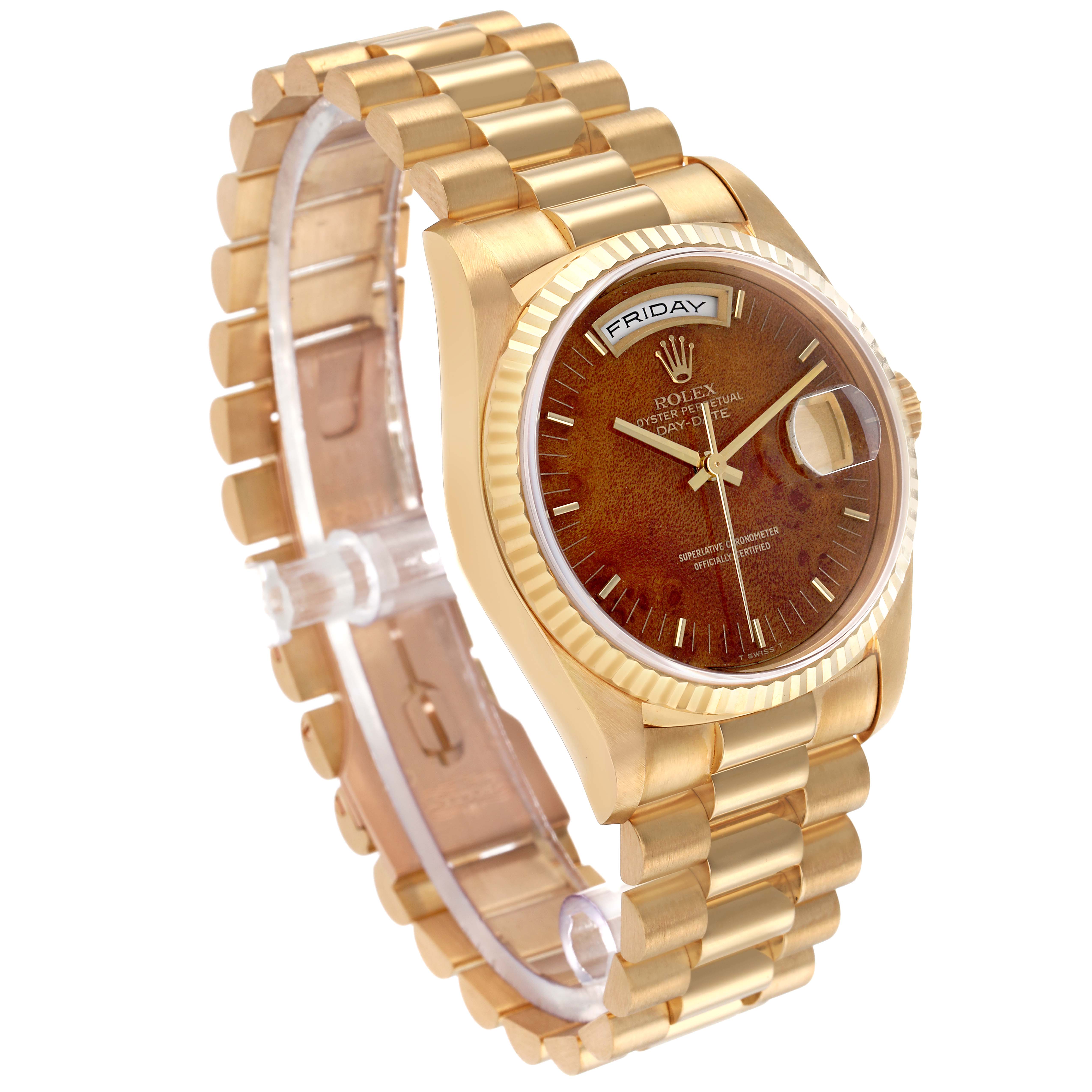The Rolex President 18238 Men's Yellow Gold Brown Dial model watch is shown at an angled view, displaying its gold case, bracelet, brown dial, and day-date feature.