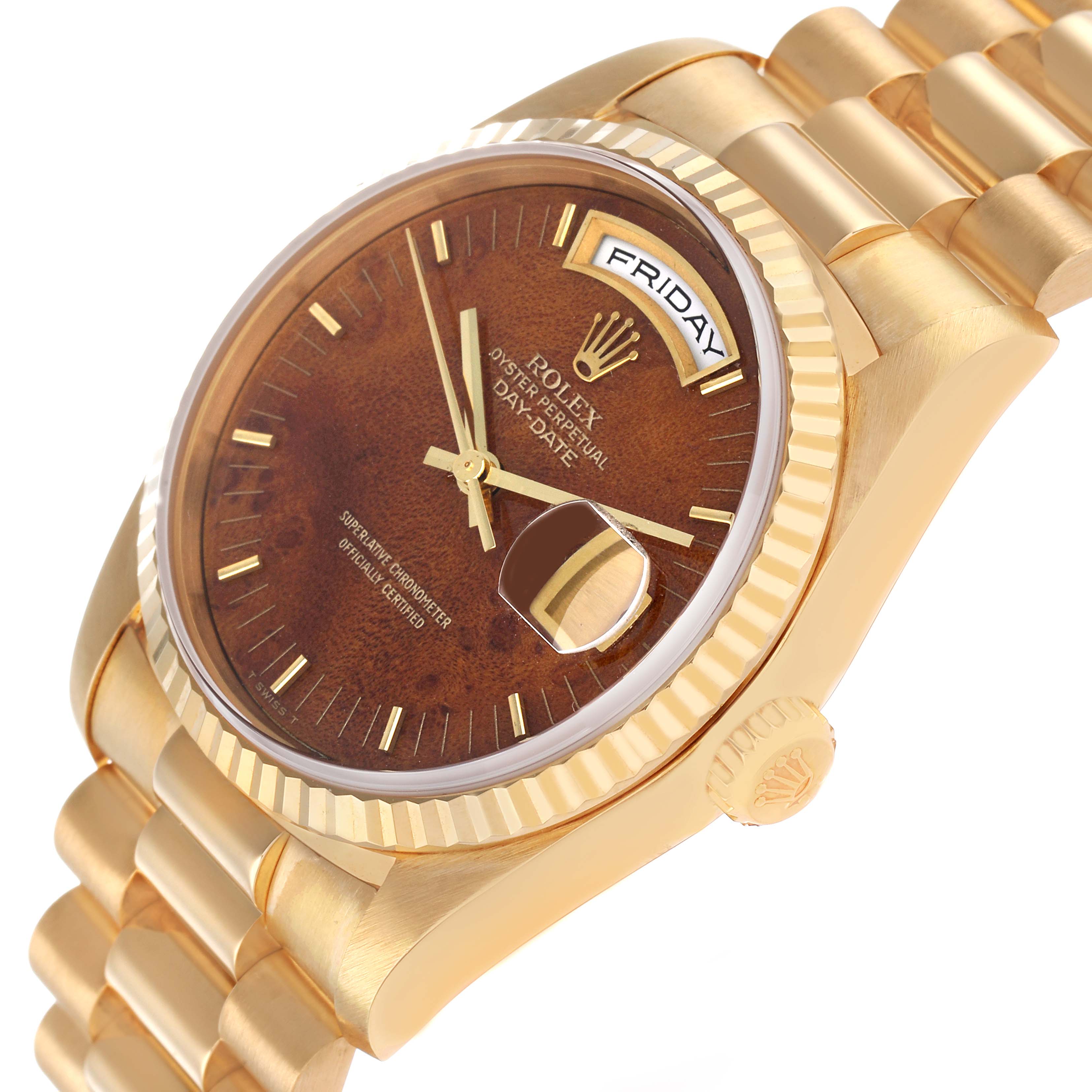 The Rolex President 18238 Men's Yellow Gold Brown Dial model watch is shown at an angled view, highlighting the dial, fluted bezel, and President bracelet.