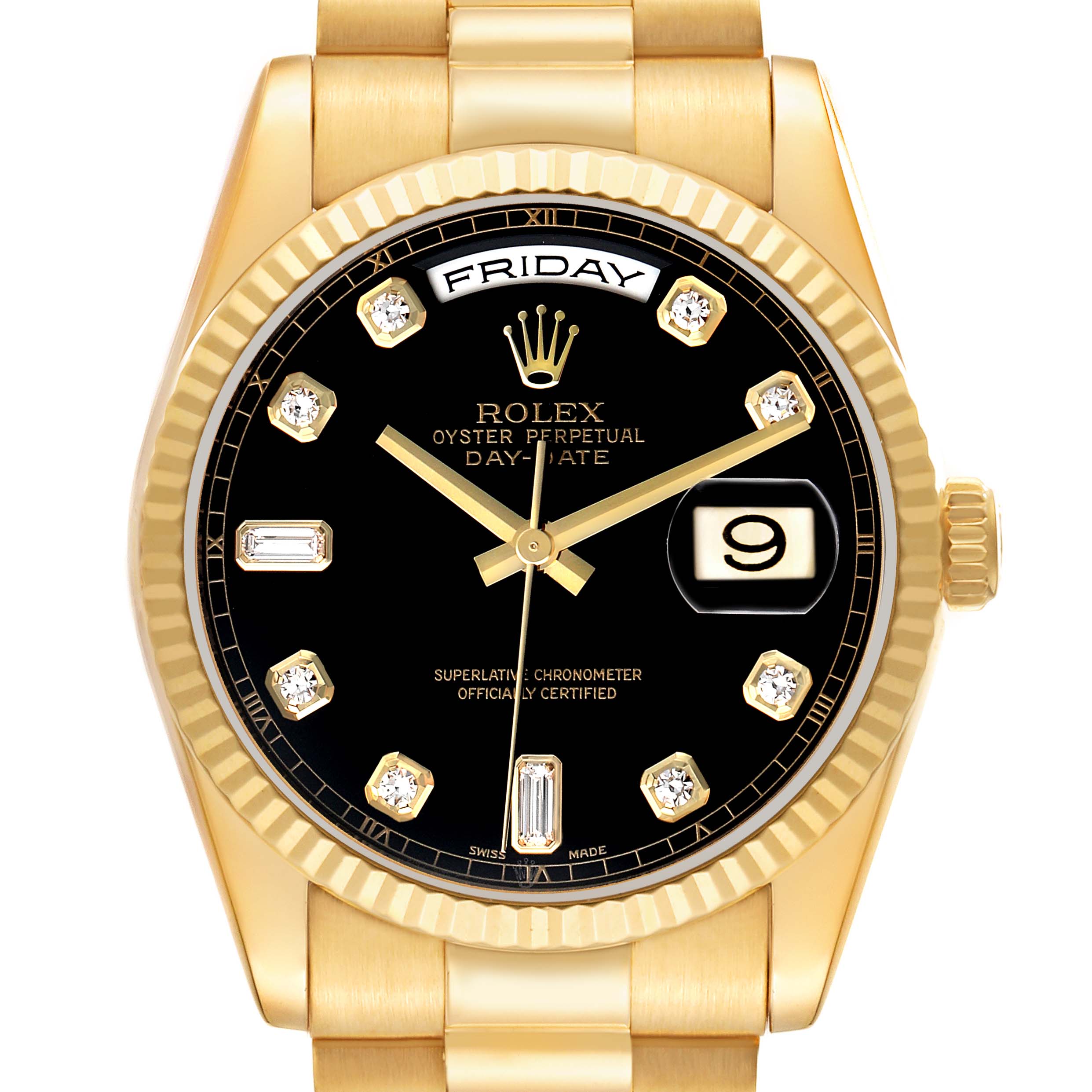 The Rolex President 118238 Men's Yellow Gold Black Dial model is shown from the front, highlighting the dial, day-date display, and bracelet.