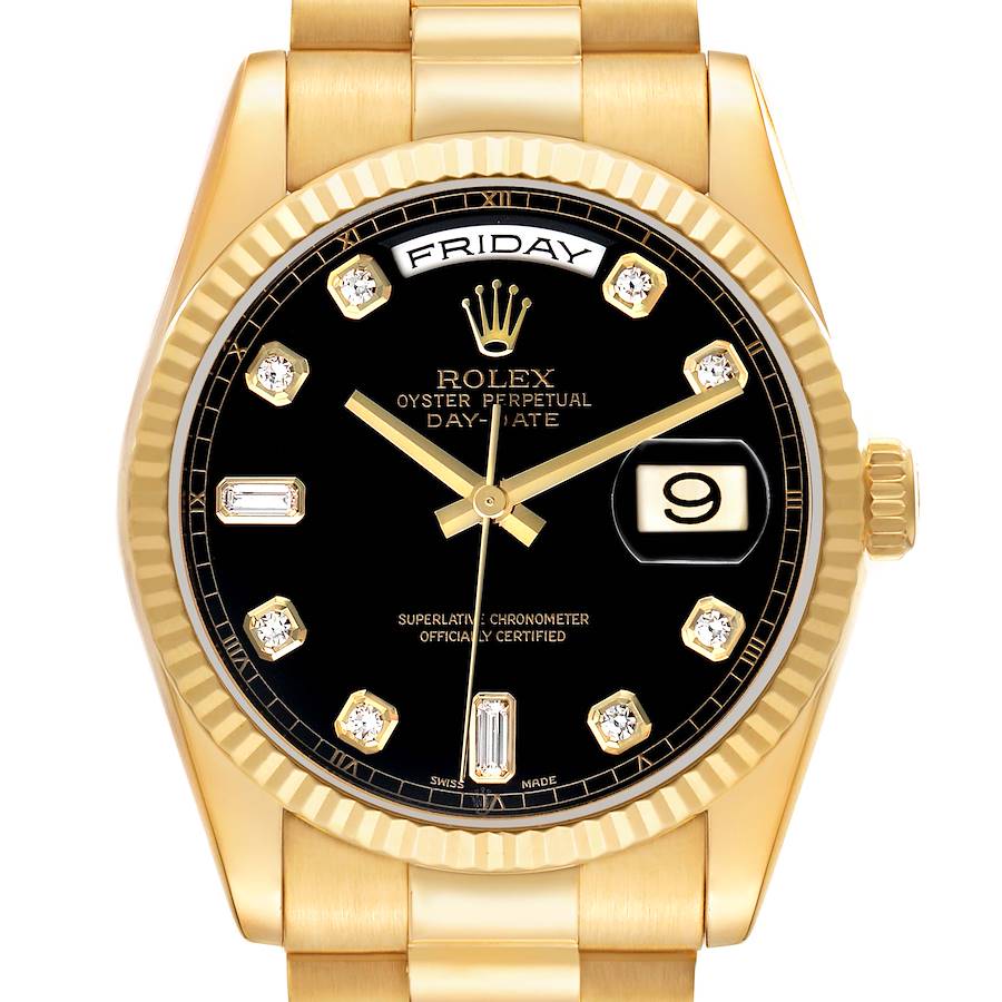 The Rolex President 118238 Men's Yellow Gold Black Dial model is shown from the front, highlighting the dial, day-date display, and bracelet.