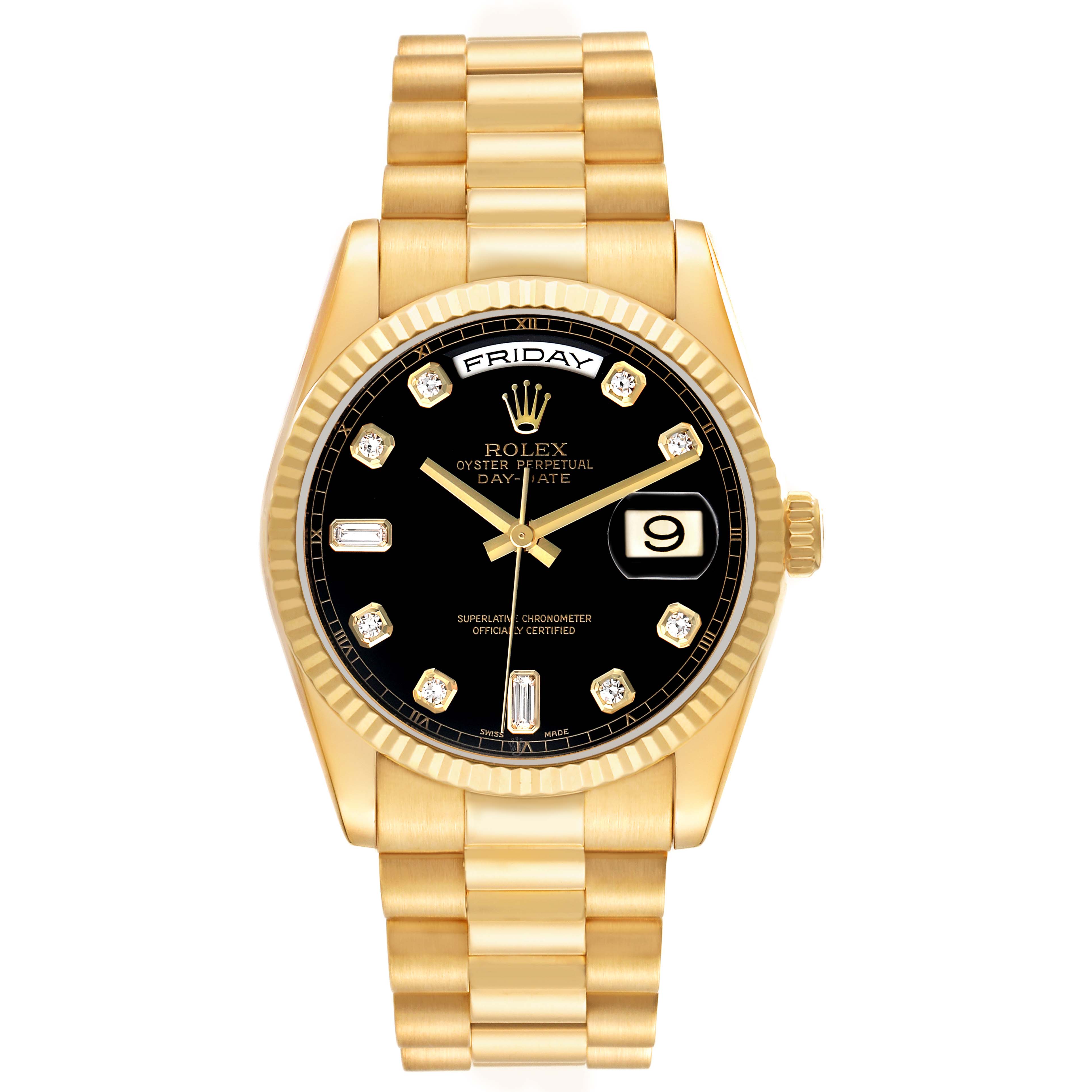 The Rolex President 118238 Men's Yellow Gold Black Dial watch is shown from a top-down angle, highlighting the watch face, bezel, and bracelet.