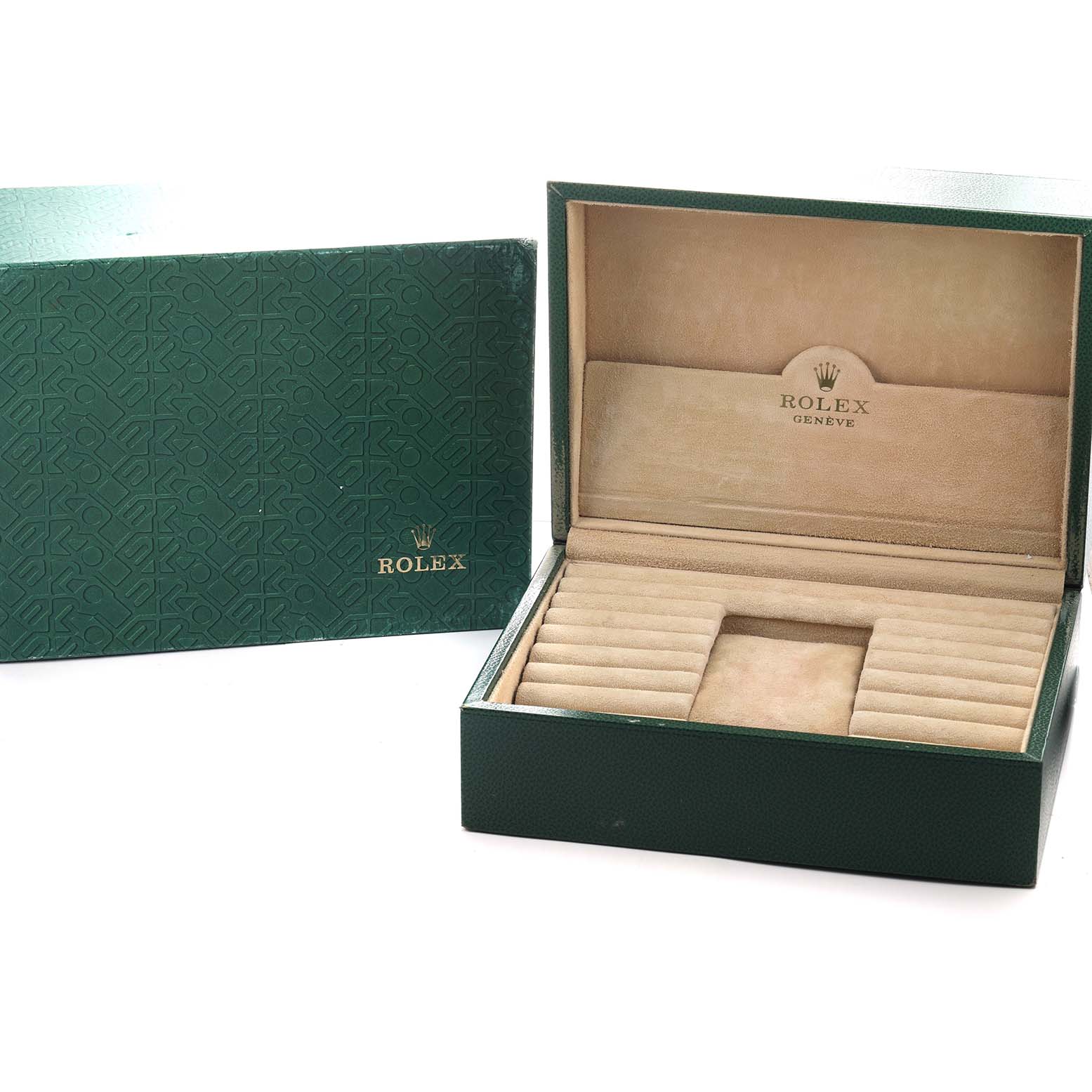 The image shows an open Rolex President 118238 Men's Yellow Gold Black Dial watch box, with branded packaging and a luxurious interior.