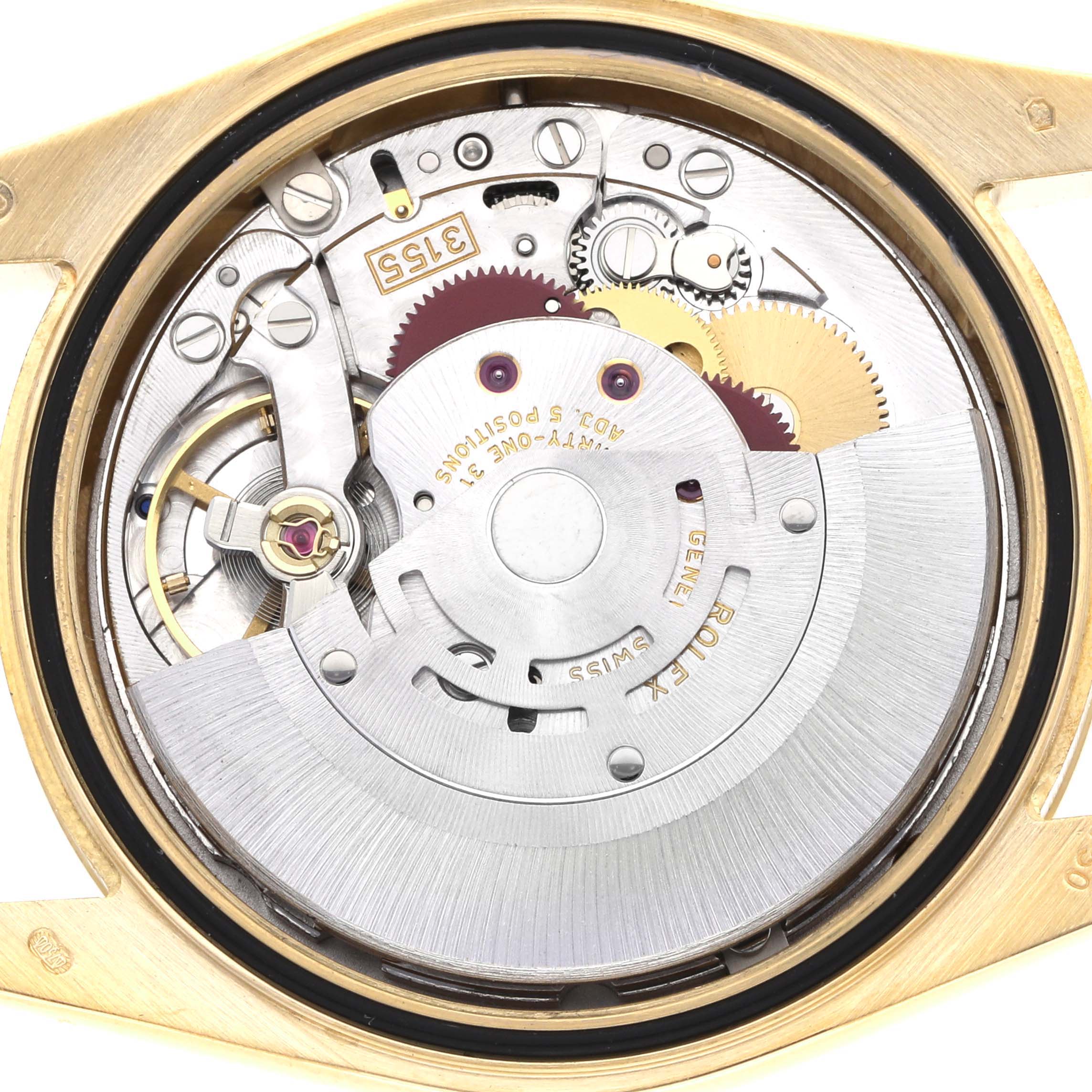 The image shows the internal mechanism of a Rolex President 118238 Men's Yellow Gold Black Dial watch, viewed from the back, highlighting gears and the rotor.