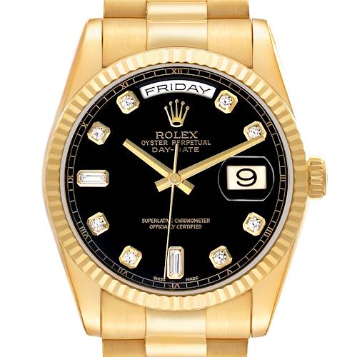 The image shows the Rolex President 118238 Men's Yellow Gold Black Dial watch with a black dial and gold case, viewed from the front.