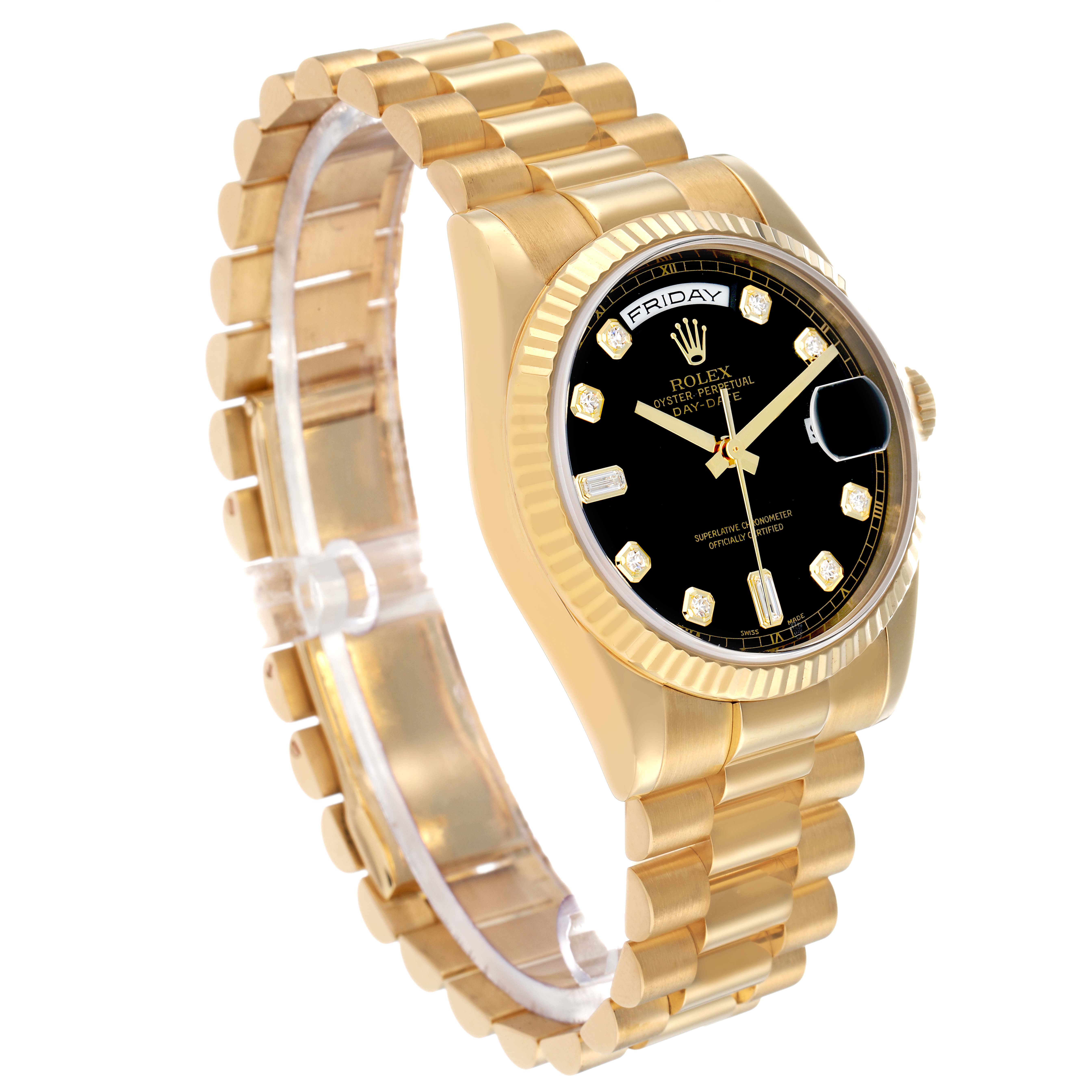 The Rolex President 118238 Men's Yellow Gold Black Dial model watch is shown at a three-quarter angle, highlighting the gold bracelet and black dial with date display.
