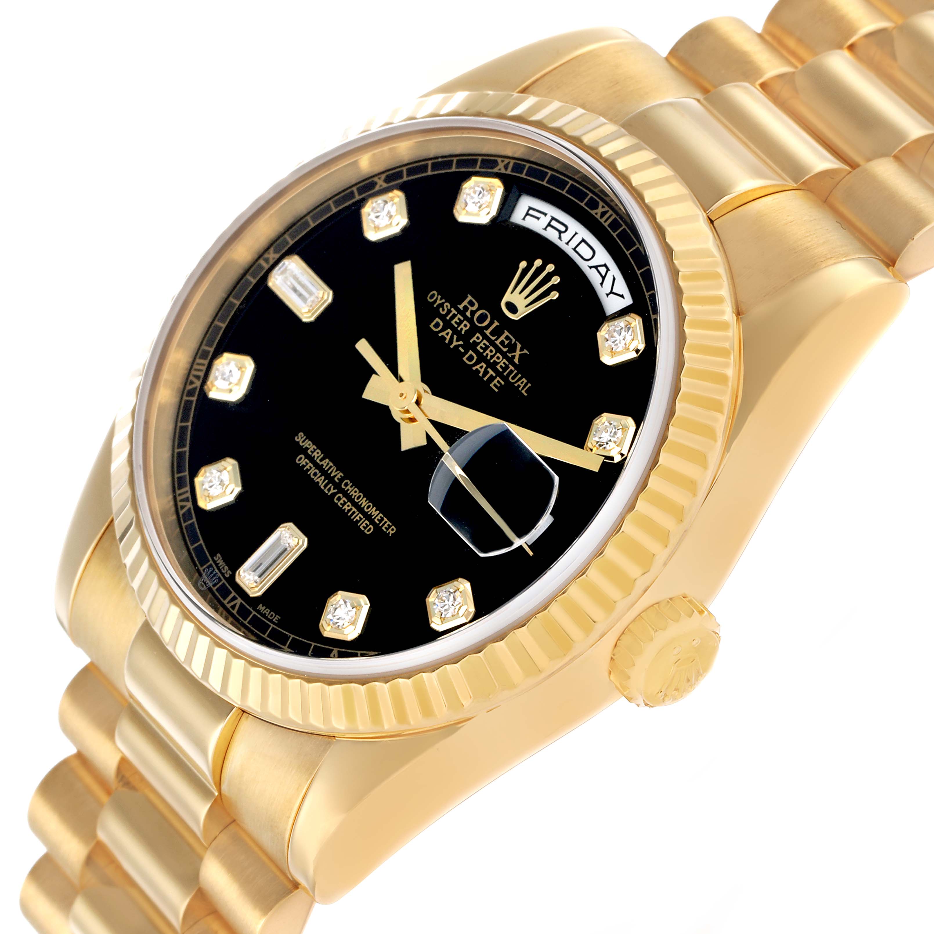 The Rolex President 118238 Men's Yellow Gold Black Dial model watch is shown from a side angle, highlighting its gold bracelet and black diamond-studded dial.