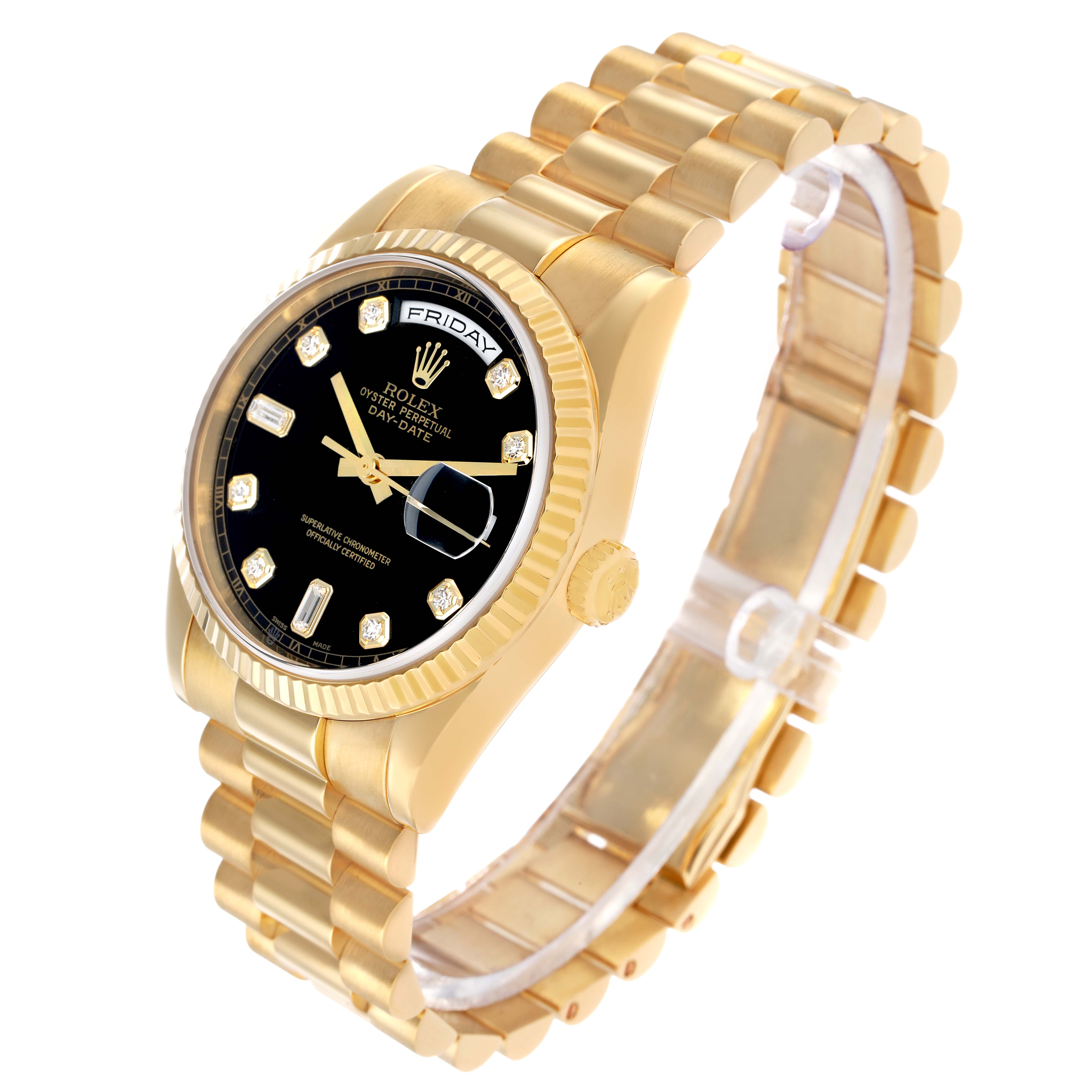 The Rolex President 118238 Men's Yellow Gold Black Dial watch is shown at a three-quarter angle highlighting the black dial, diamond hour markers, and gold bracelet.