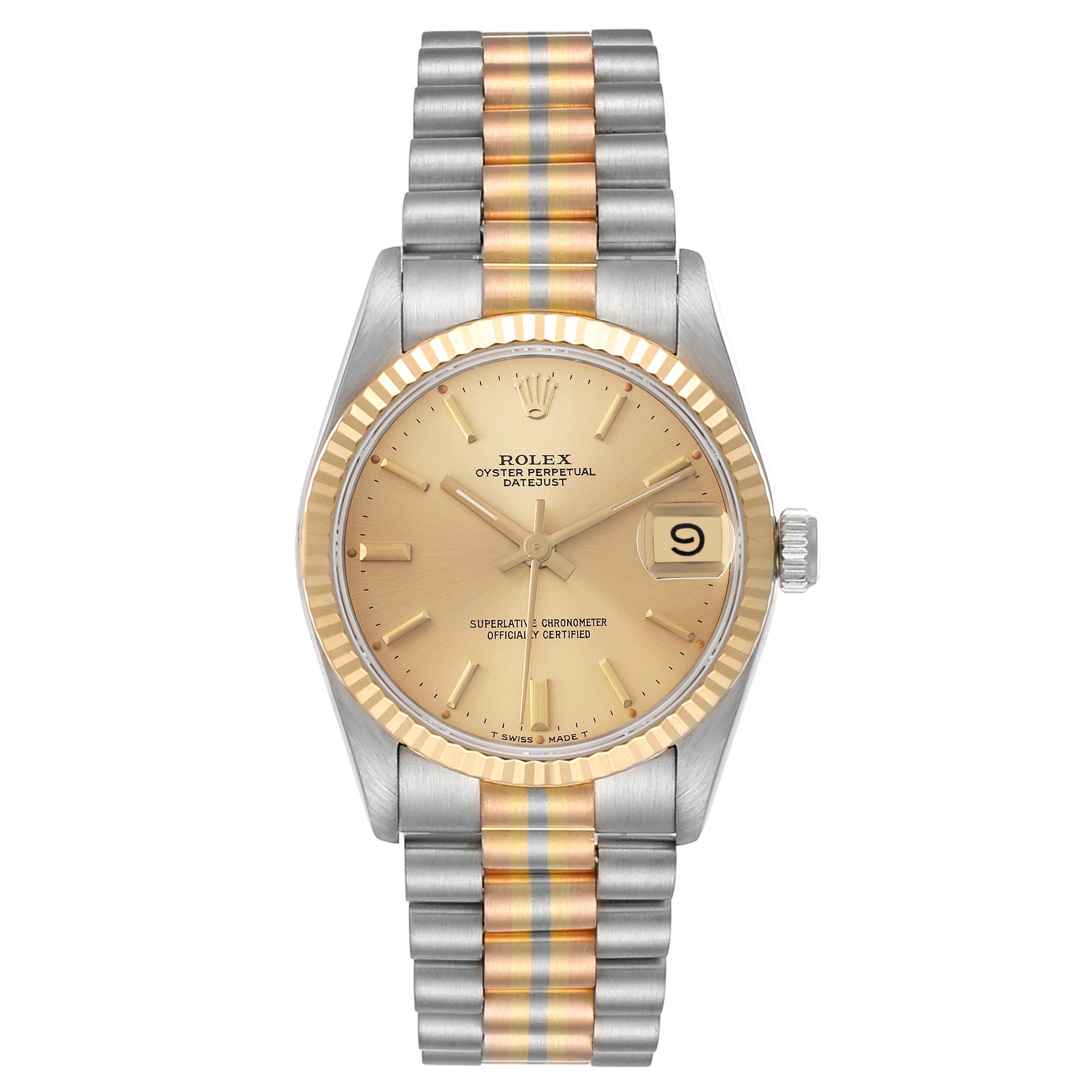 The Rolex President 68279B Women's White Gold Champagne Dial 68279B Women's White Gold Champagne Dial model watch is shown from a front angle, displaying the face, bezel, and bracelet.