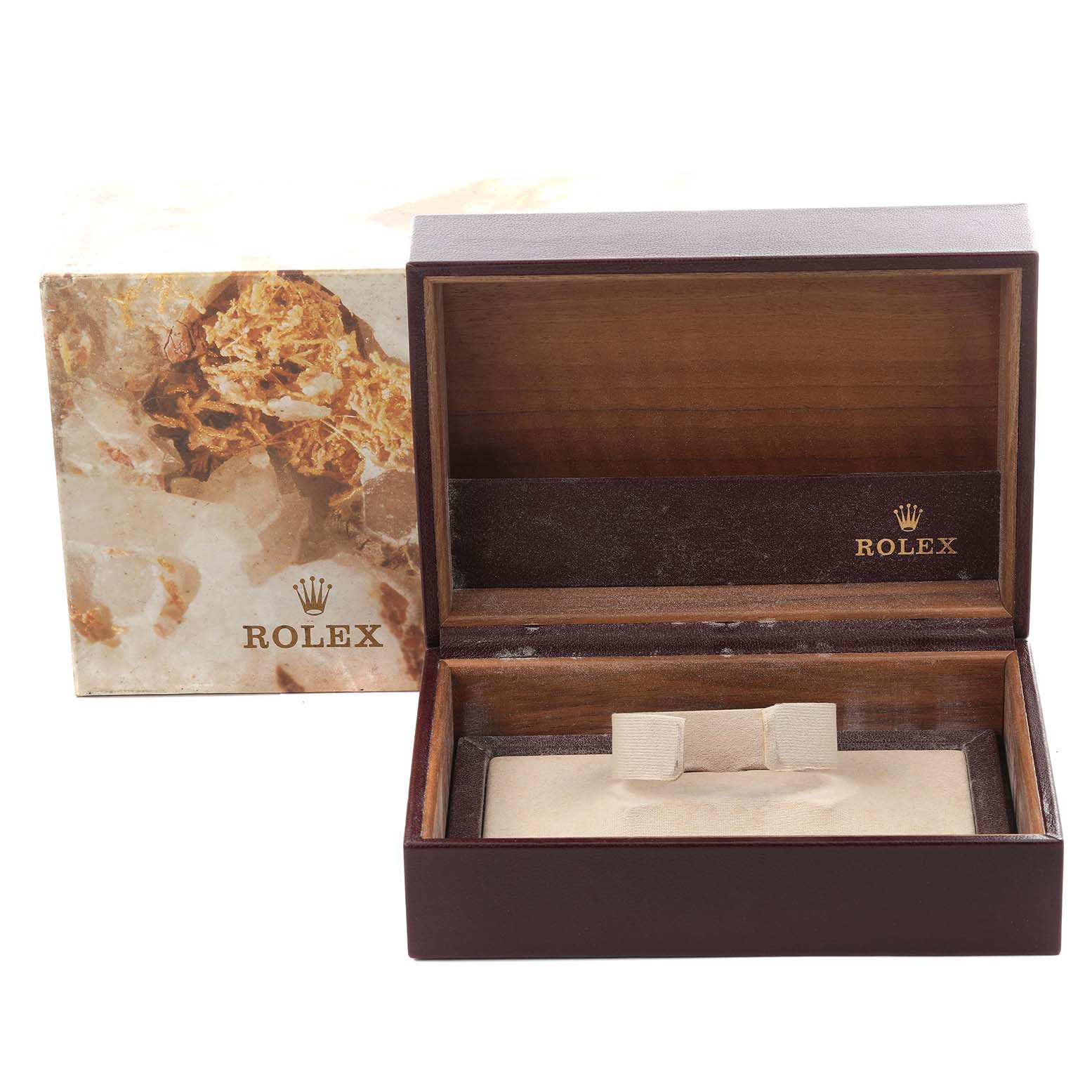 The image shows an empty Rolex President 68279B Women's White Gold Champagne Dial 68279B Women's White Gold Champagne Dial model watch box and outer packaging from a front angle.