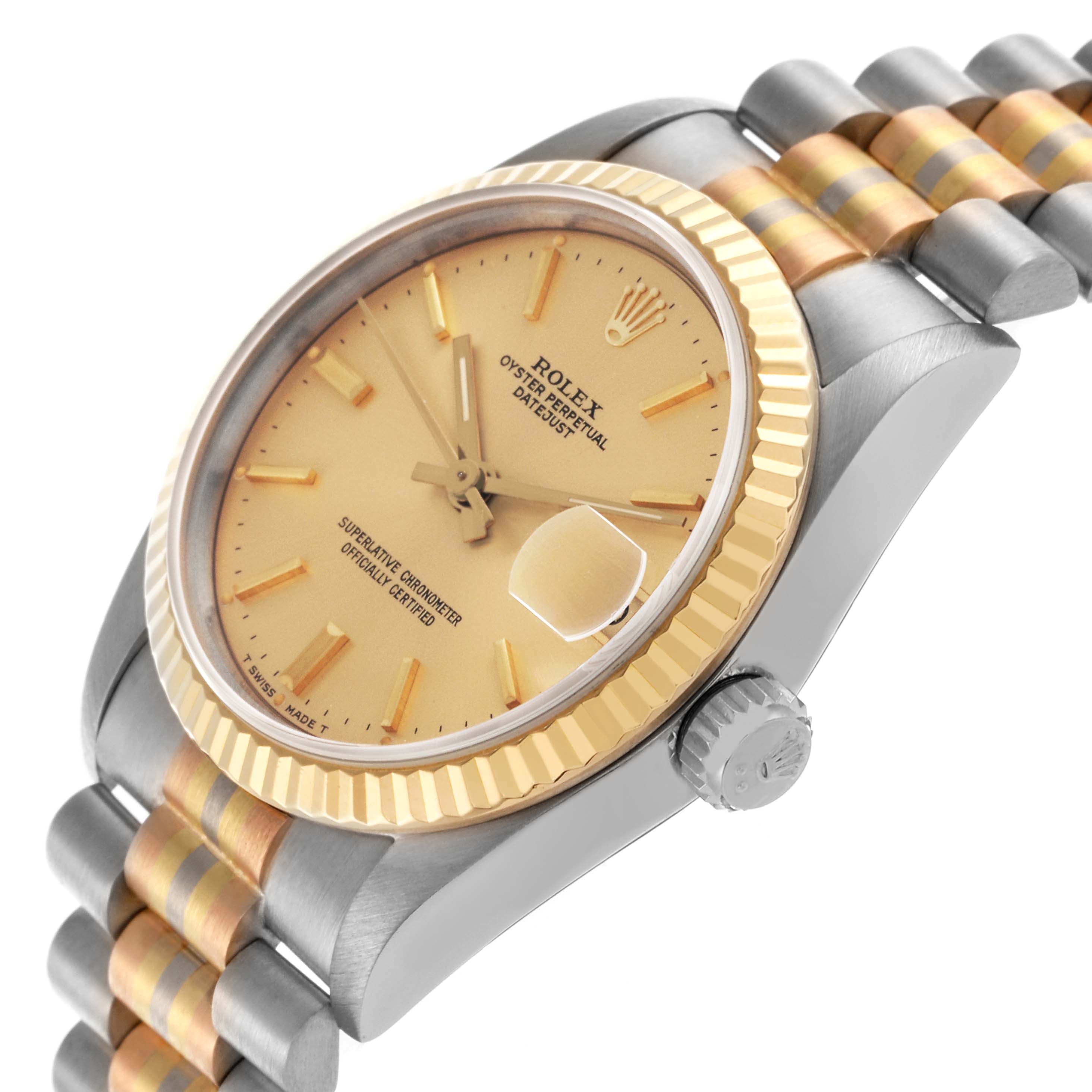 The Rolex President 68279B Women's White Gold Champagne Dial 68279B Women's White Gold Champagne Dial model watch is shown at a side angle, highlighting the bezel, crown, and two-tone bracelet.