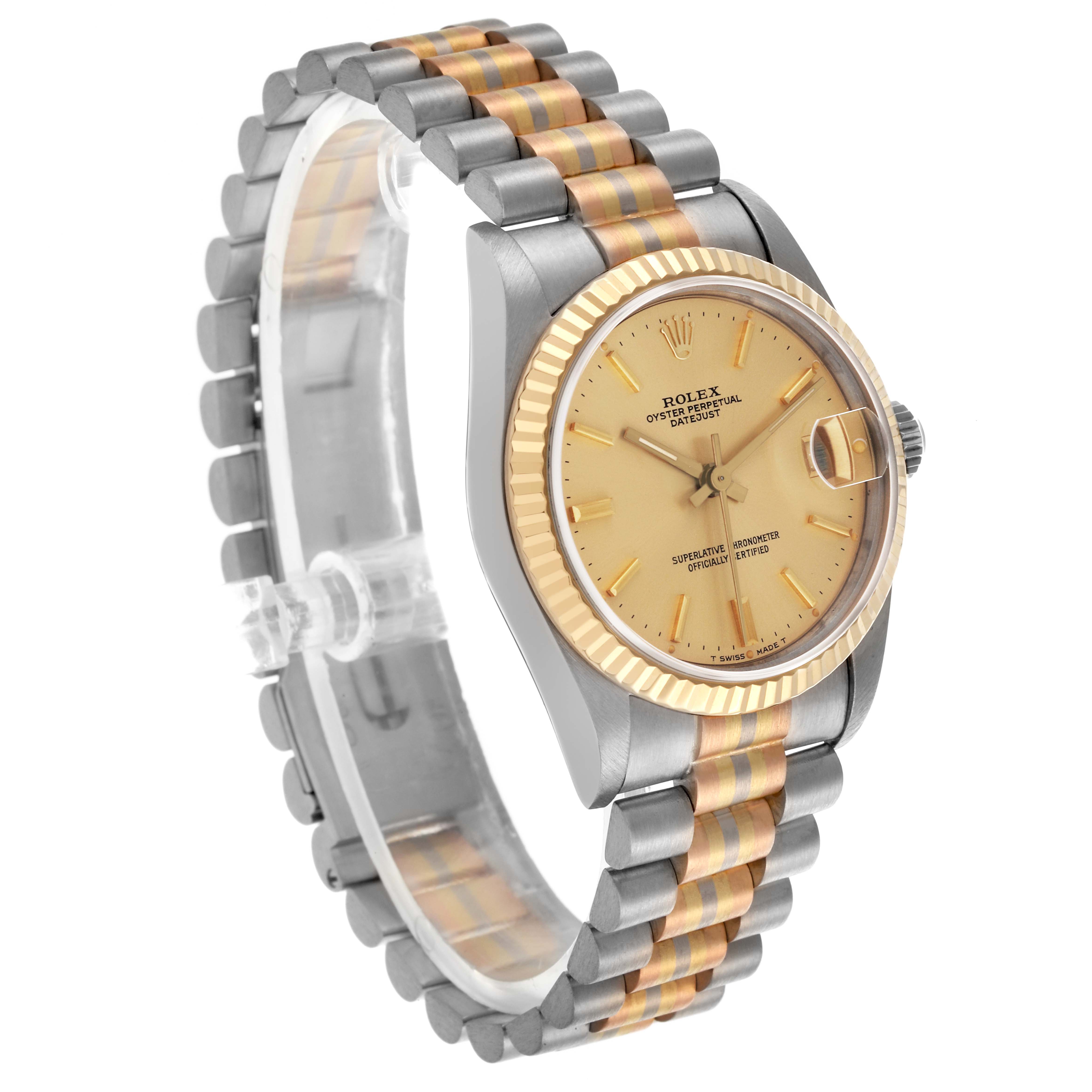 The Rolex President 68279B Women's White Gold Champagne Dial 68279B Women's White Gold Champagne Dial watch is shown at a three-quarter angle, highlighting its dial, bezel, and two-tone bracelet.