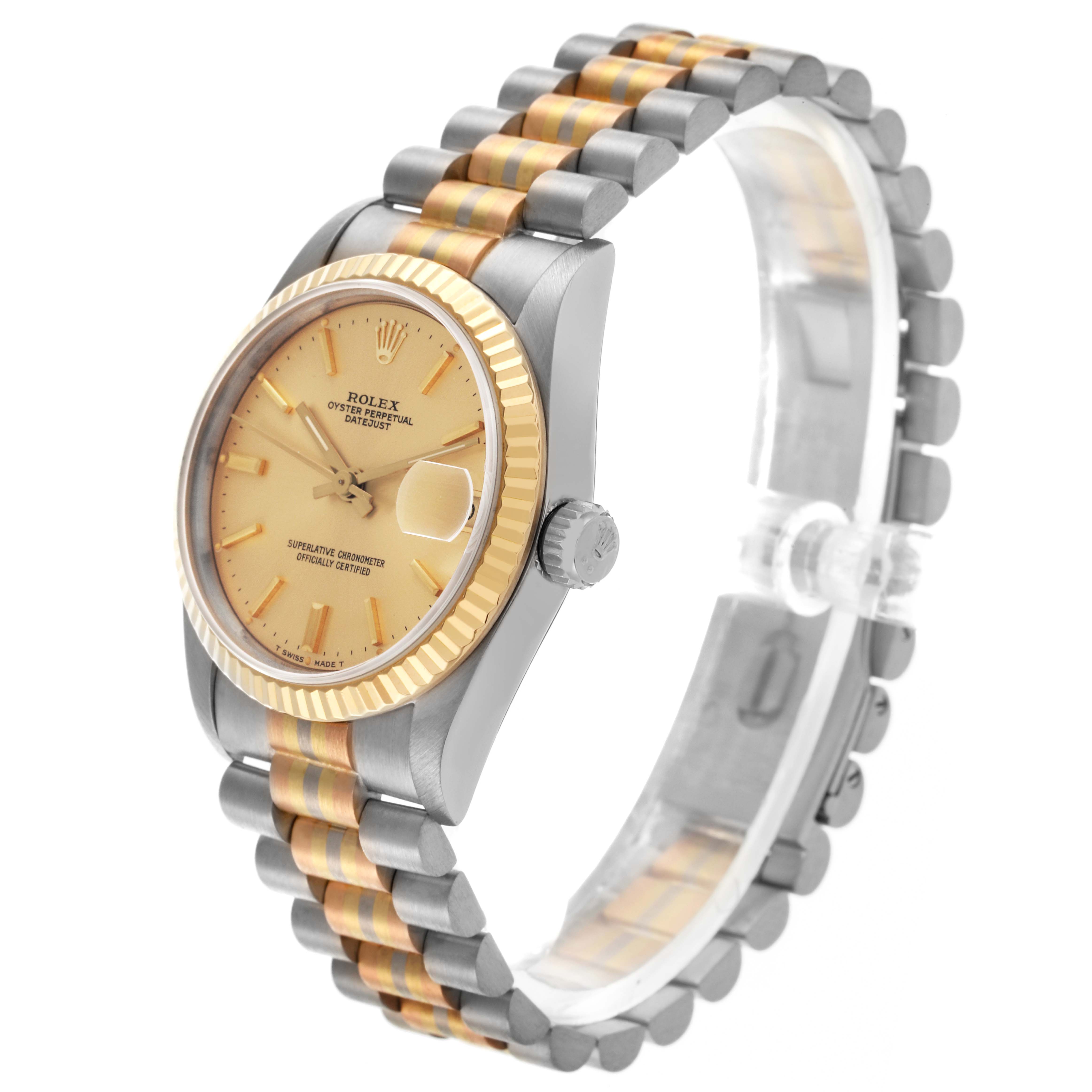 The Rolex President 68279B Women's White Gold Champagne Dial 68279B Women's White Gold Champagne Dial model is shown at a side angle, highlighting the watch face, fluted bezel, and two-tone bracelet.