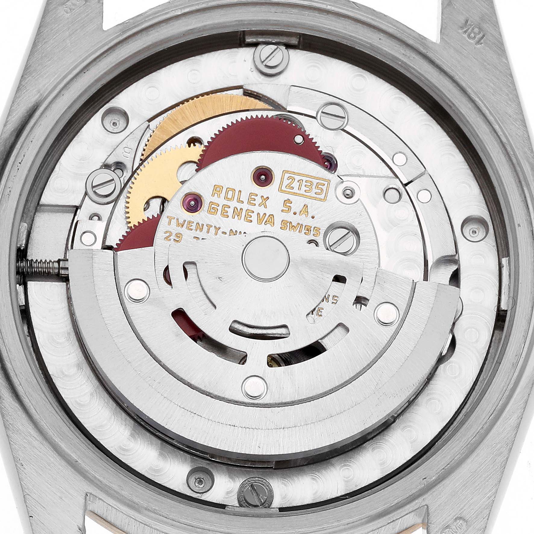 The image shows the internal mechanism of a Rolex President 68279B Women's White Gold Champagne Dial 68279B Women's White Gold Champagne Dial watch, focusing on the movement and gears.