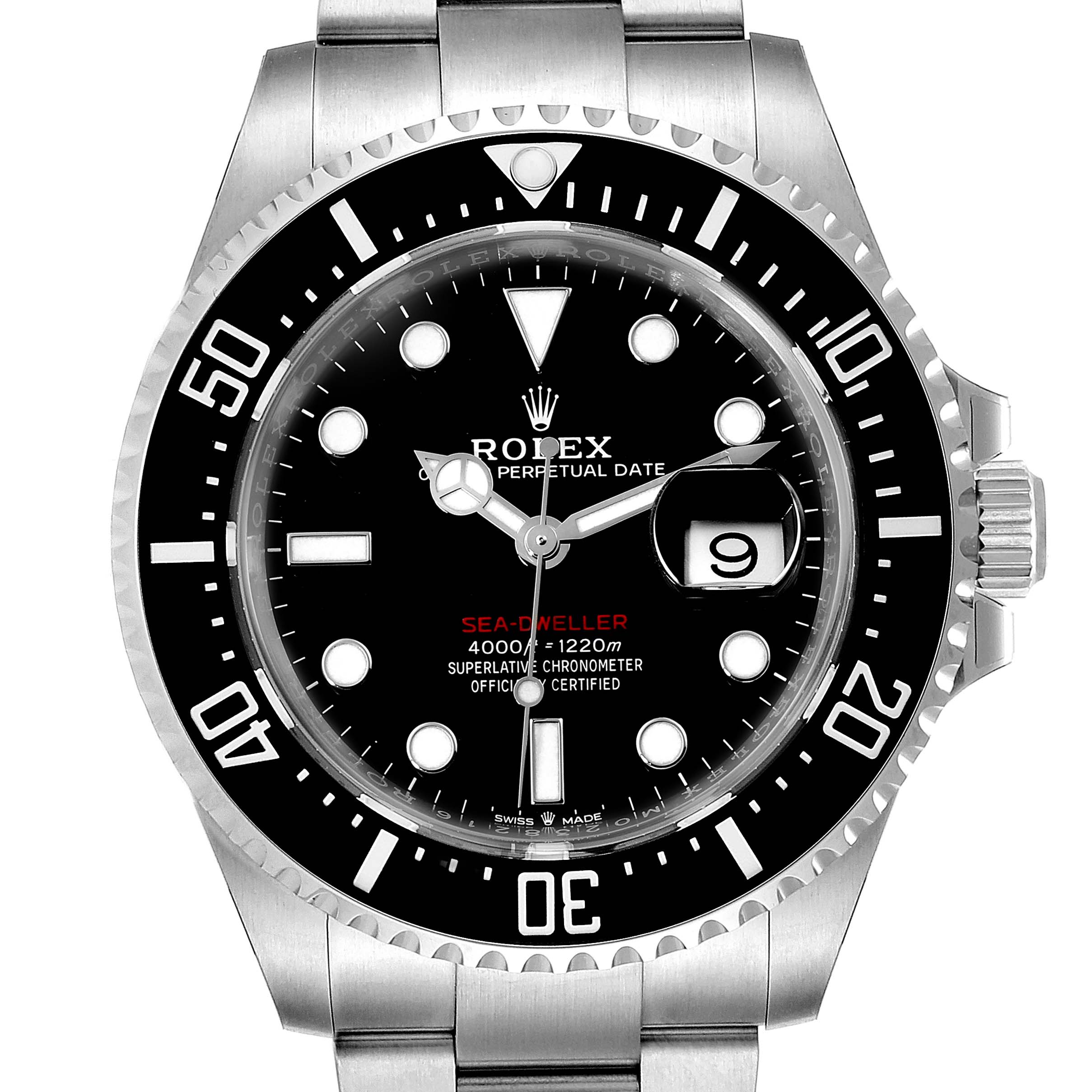 The image shows a front view of a Rolex Sea-Dweller 126600 Men
s Stainless Steel Black Dial 126600 Men
s Stainless Steel Black Dial watch, displaying the black dial, hands, date window, and stainless steel bracelet.