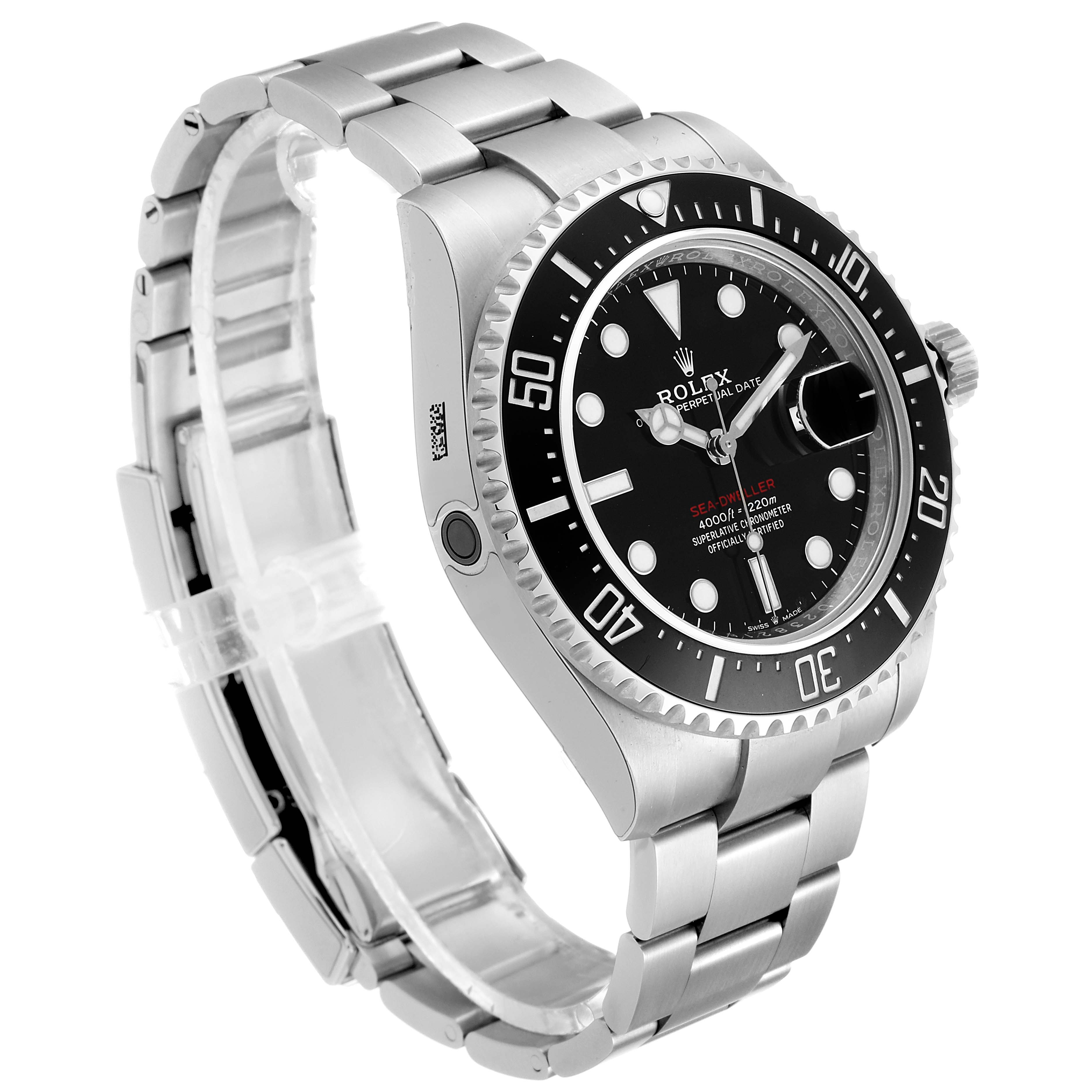 This image shows a Sea-Dweller model by Rolex from a three-quarter angle, displaying the watch face, bezel, crown, and stainless steel bracelet.