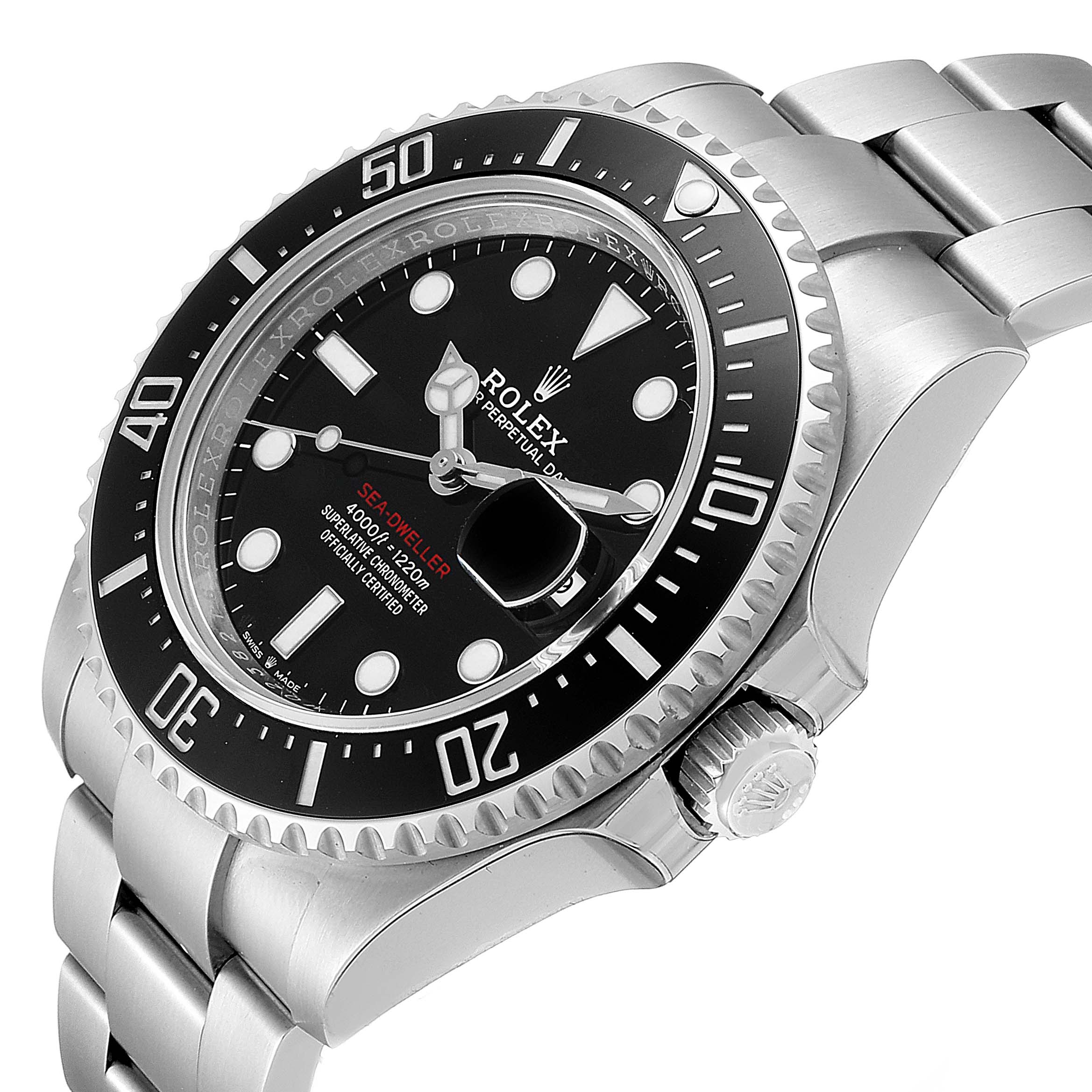 The Rolex Sea-Dweller 126600 Men
s Stainless Steel Black Dial 126600 Men
s Stainless Steel Black Dial watch is shown at an angle displaying the dial, bezel, crown, and part of the bracelet.