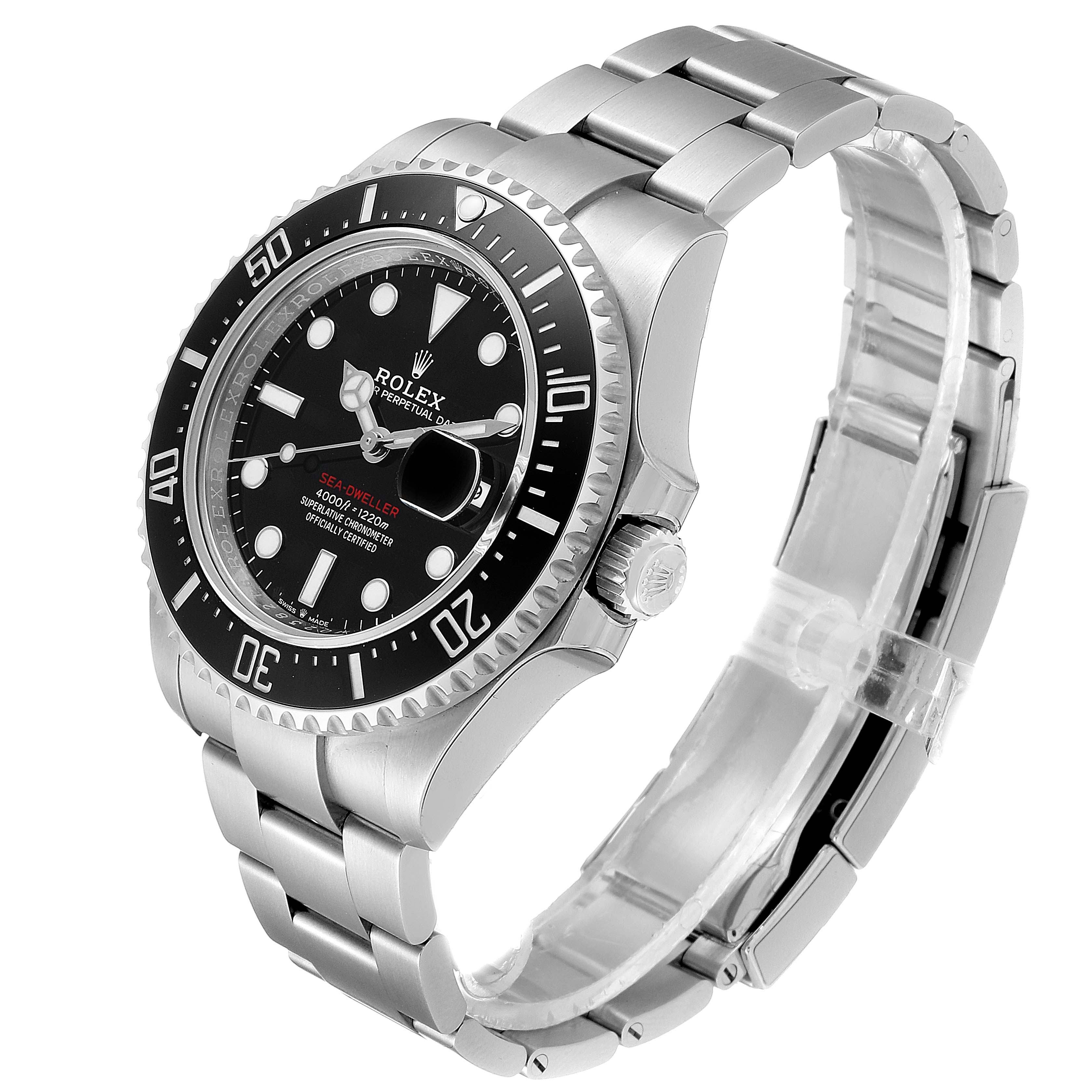 This image shows a Rolex Sea-Dweller 126600 Men
s Stainless Steel Black Dial 126600 Men
s Stainless Steel Black Dial watch from a three-quarter angle, highlighting the bracelet, bezel, and dial.