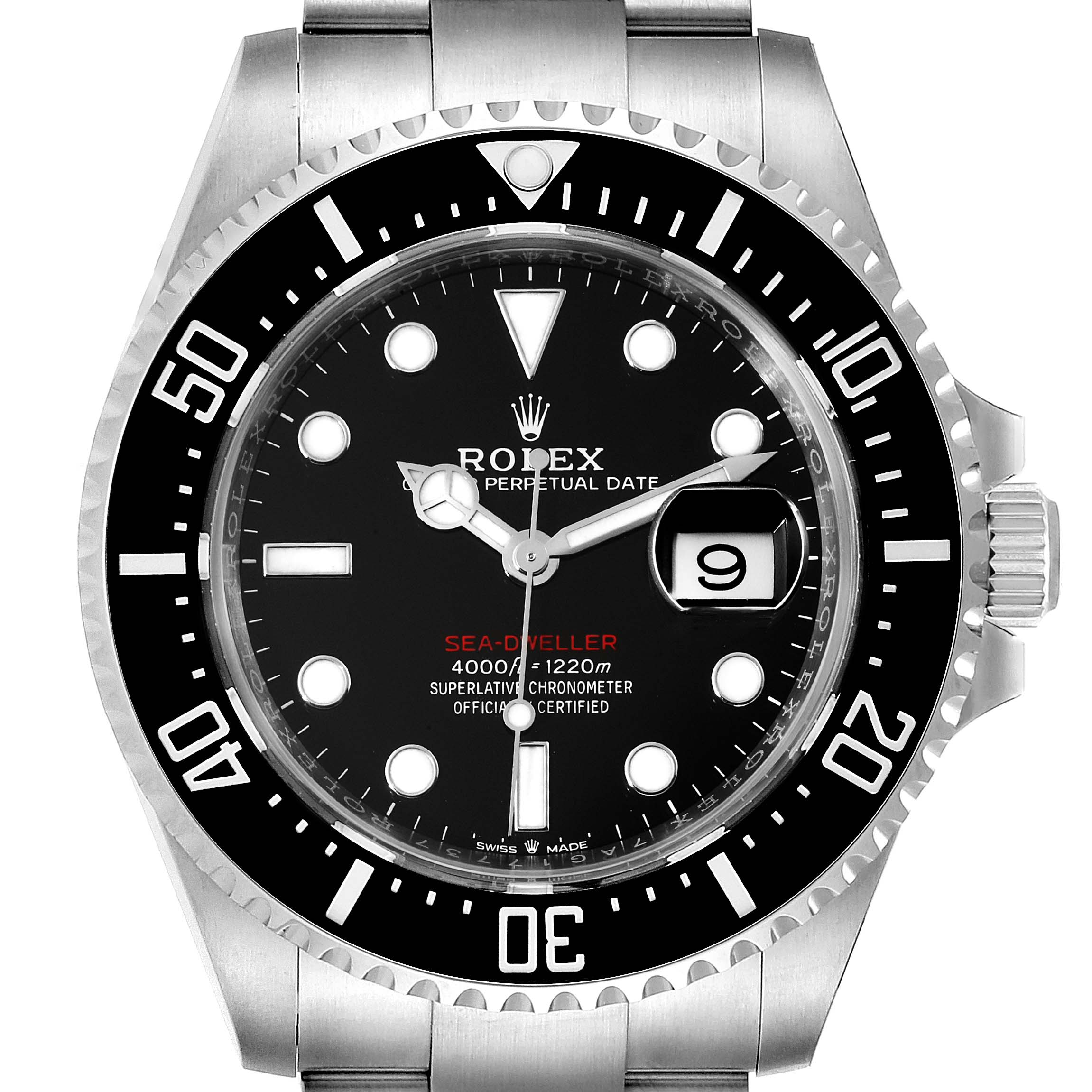 The image shows a front view of the Rolex Sea-Dweller 126600 Men
s Stainless Steel Black Dial 126600 Men
s Stainless Steel Black Dial watch, displaying its dial, bezel, and crown.
