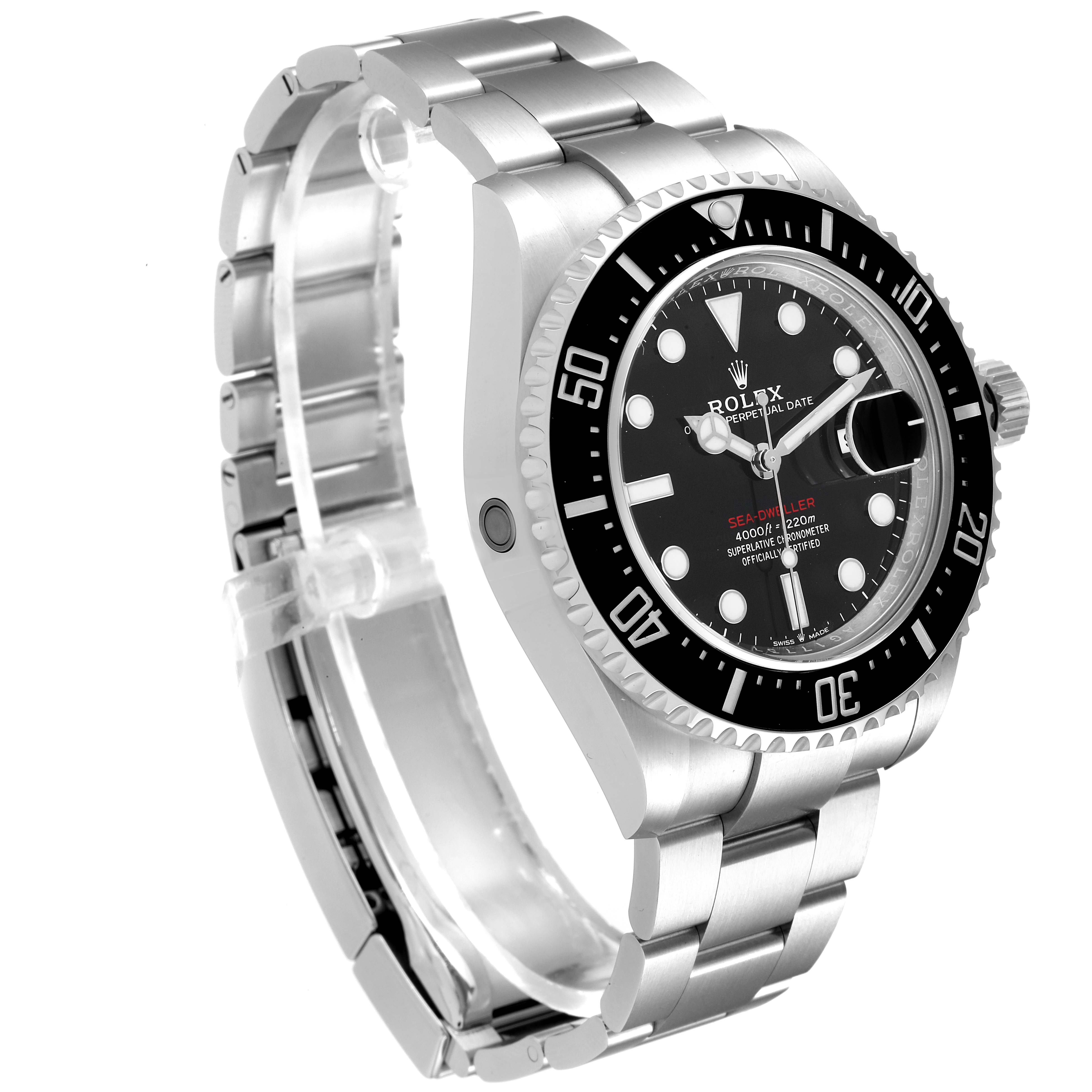 The Rolex Sea-Dweller 126600 Men
s Stainless Steel Black Dial 126600 Men
s Stainless Steel Black Dial watch is shown at a slight angle from the left, highlighting the face, bezel, crown, and stainless steel bracelet.