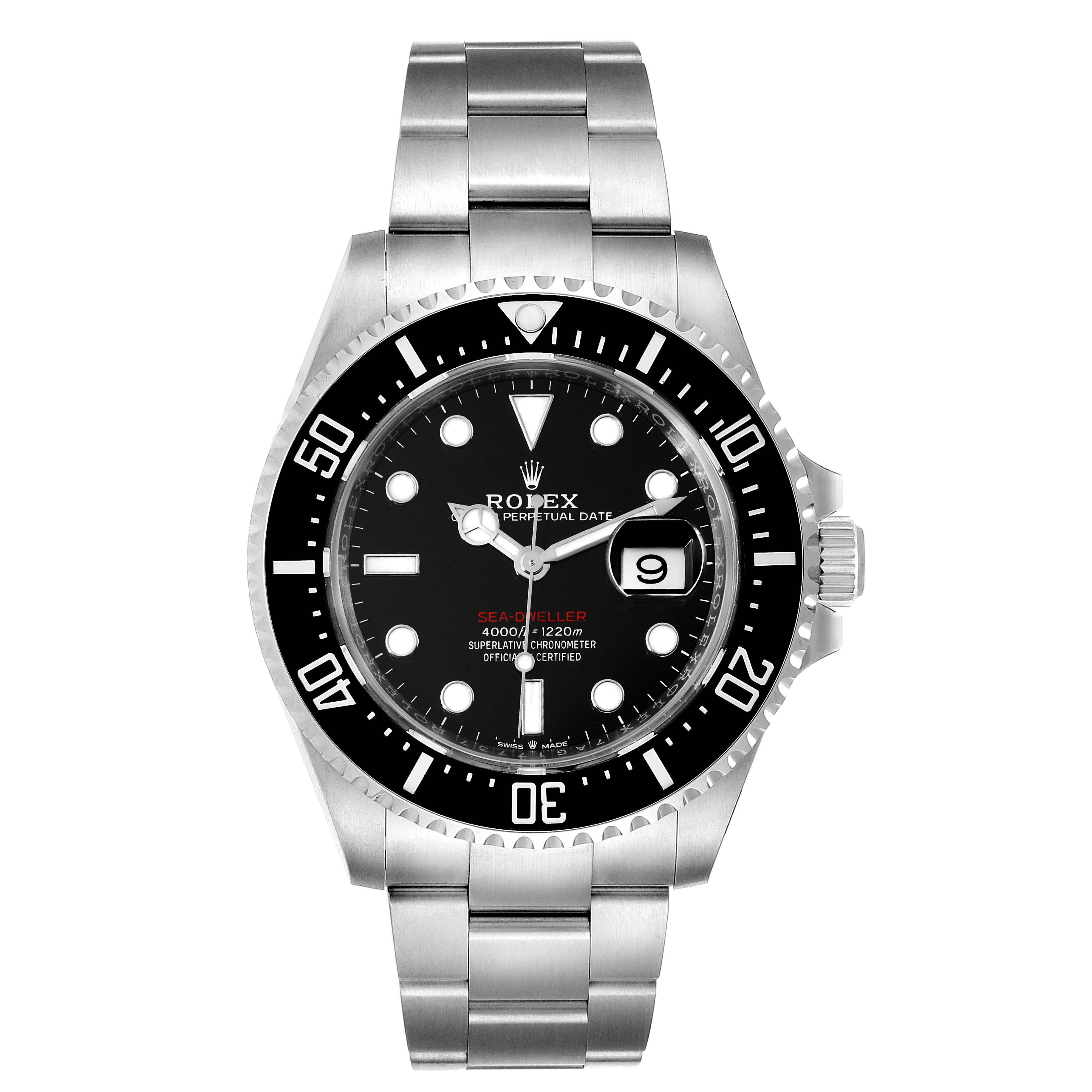 The image shows a frontal view of a Rolex Sea-Dweller 126600 Men
s Stainless Steel Black Dial 126600 Men
s Stainless Steel Black Dial watch displaying the bezel, dial, hands, and bracelet.