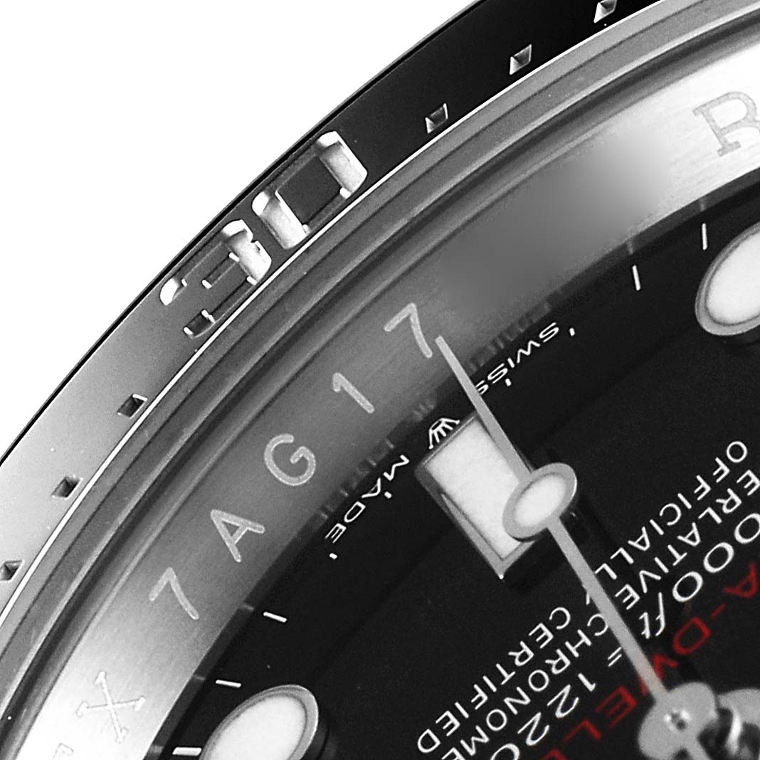 The image shows a close-up angle of the bezel, part of the dial, and the rotating marker of the Rolex Sea-Dweller 126600 Men
s Stainless Steel Black Dial 126600 Men
s Stainless Steel Black Dial watch.