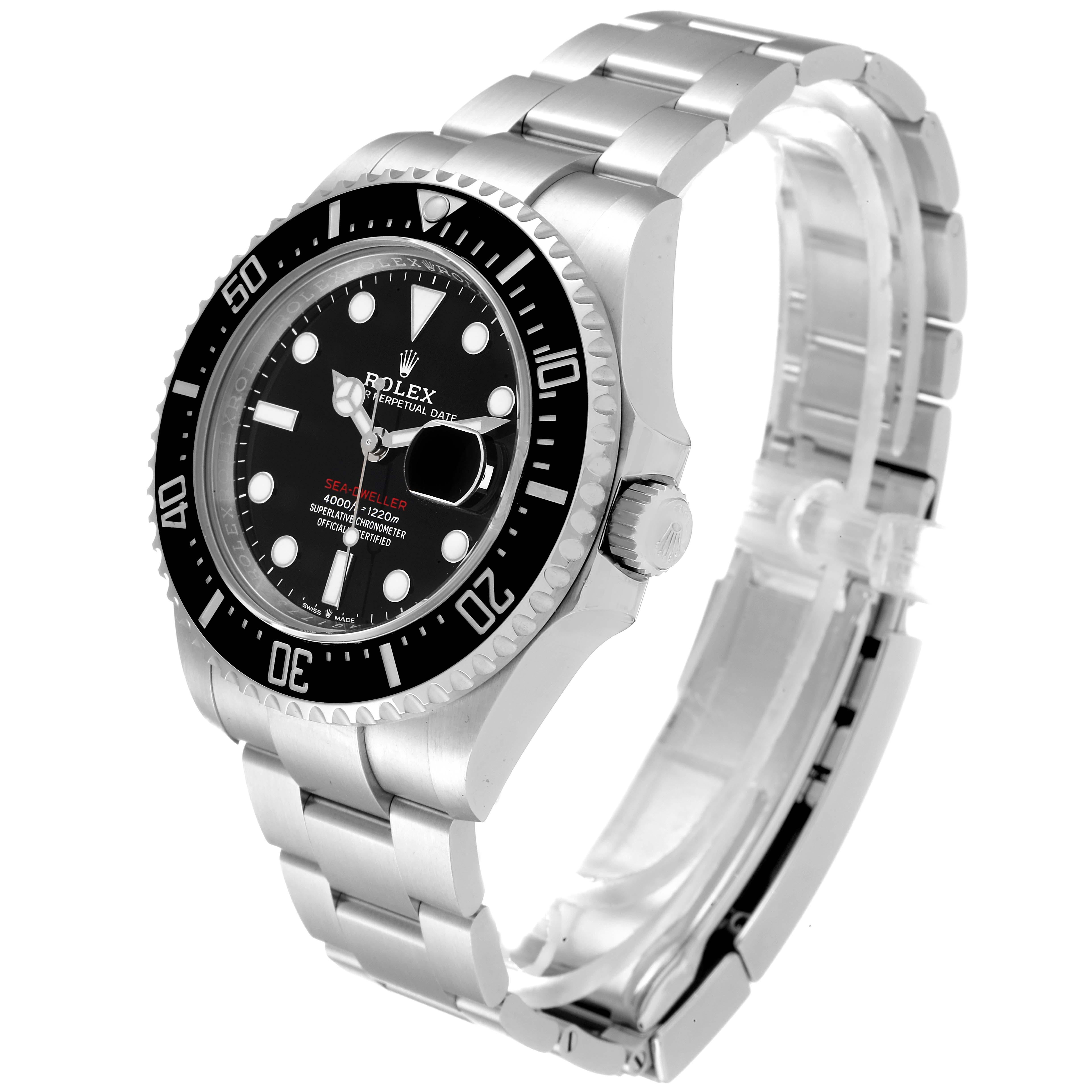 The image shows a Rolex Sea-Dweller 126600 Men
s Stainless Steel Black Dial 126600 Men
s Stainless Steel Black Dial watch at a three-quarter angle, highlighting its bezel, dial, case, and bracelet.