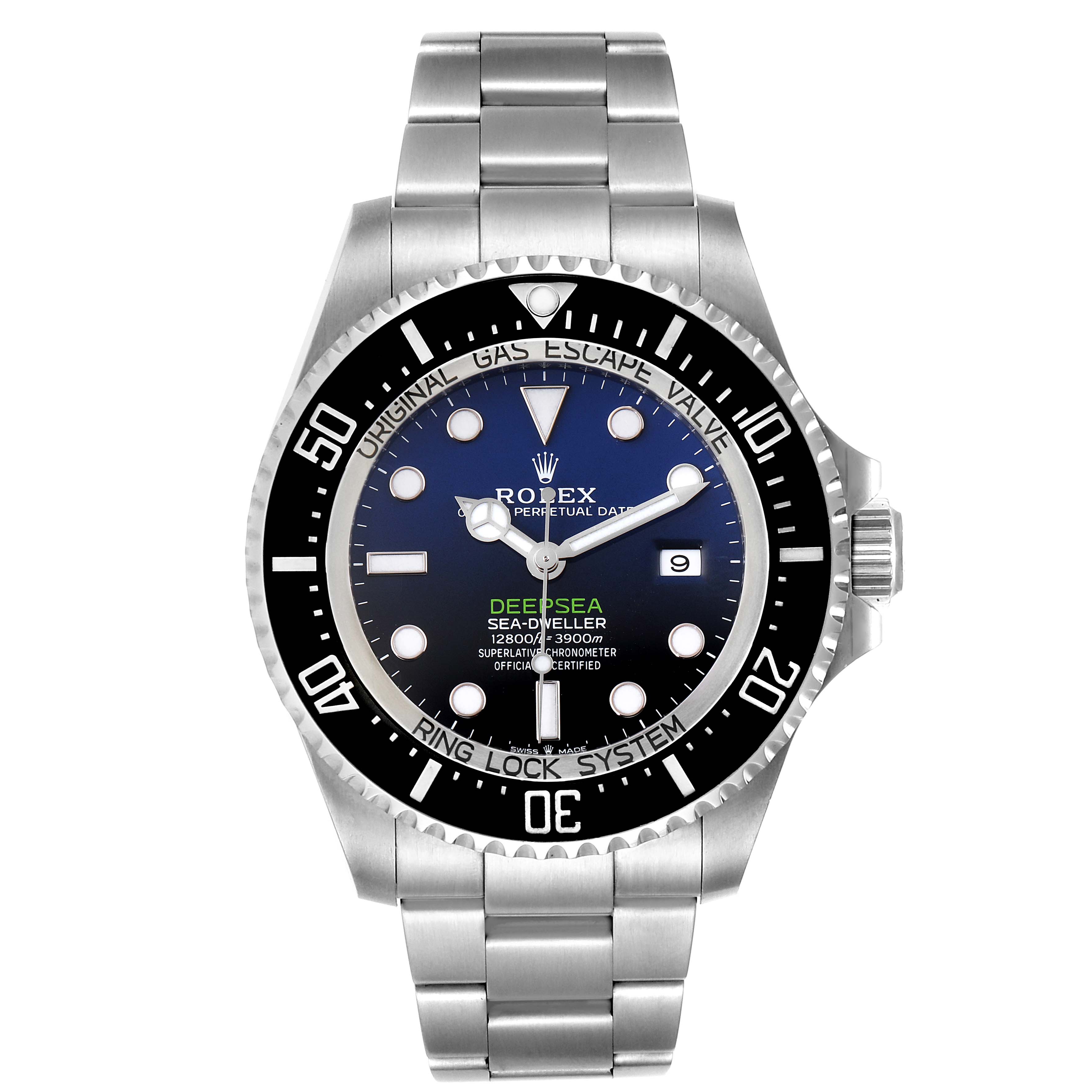 The image shows a front view of the Rolex Sea-Dweller 126660 Men
s Stainless Steel Blue Dial 126660 Men
s Stainless Steel Blue Dial watch, displaying the dial, bezel, case, and bracelet.