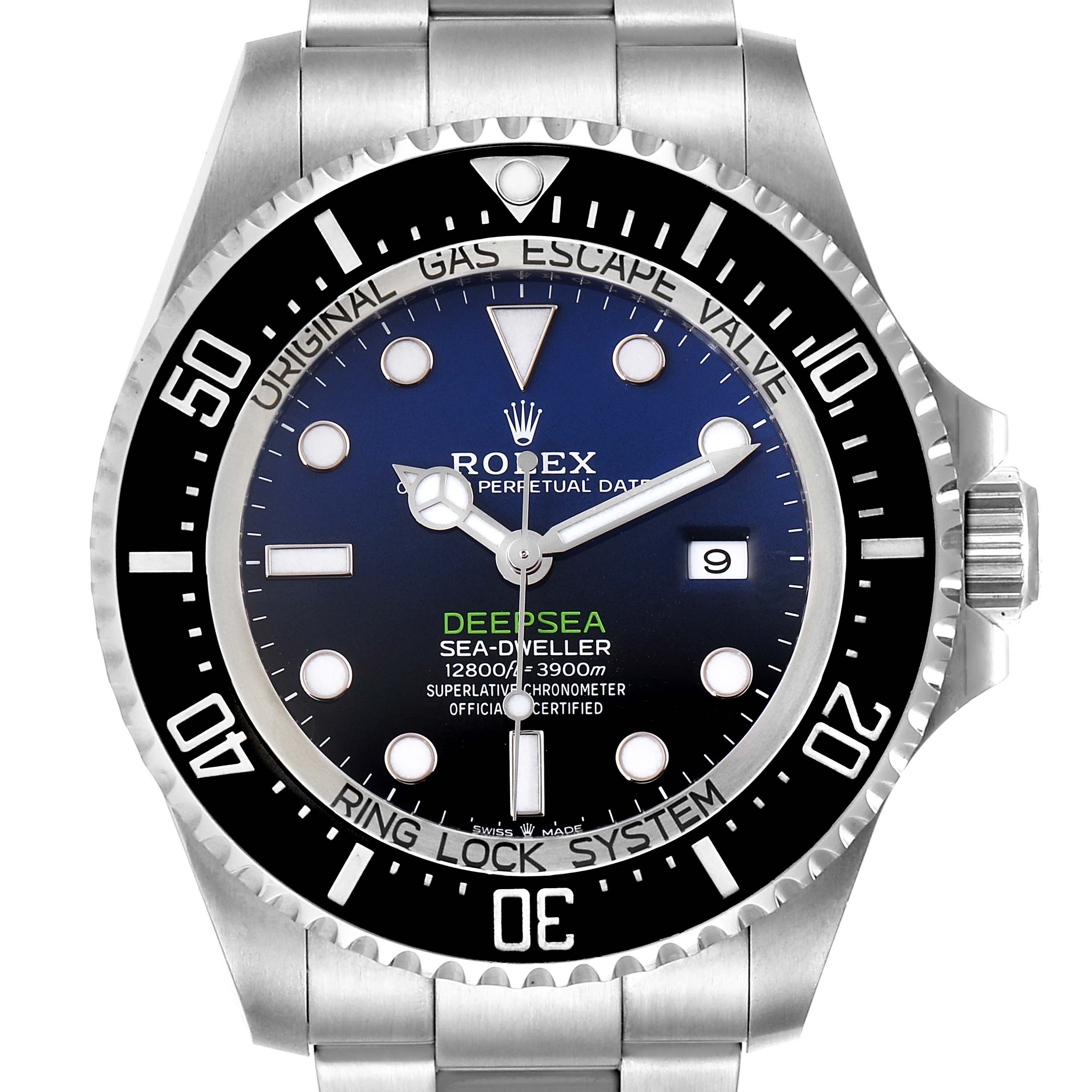The image shows a front view of the Rolex Sea-Dweller 126660 Men
s Stainless Steel Blue Dial 126660 Men
s Stainless Steel Blue Dial Deepsea watch, highlighting the dial, bezel, and part of the bracelet.