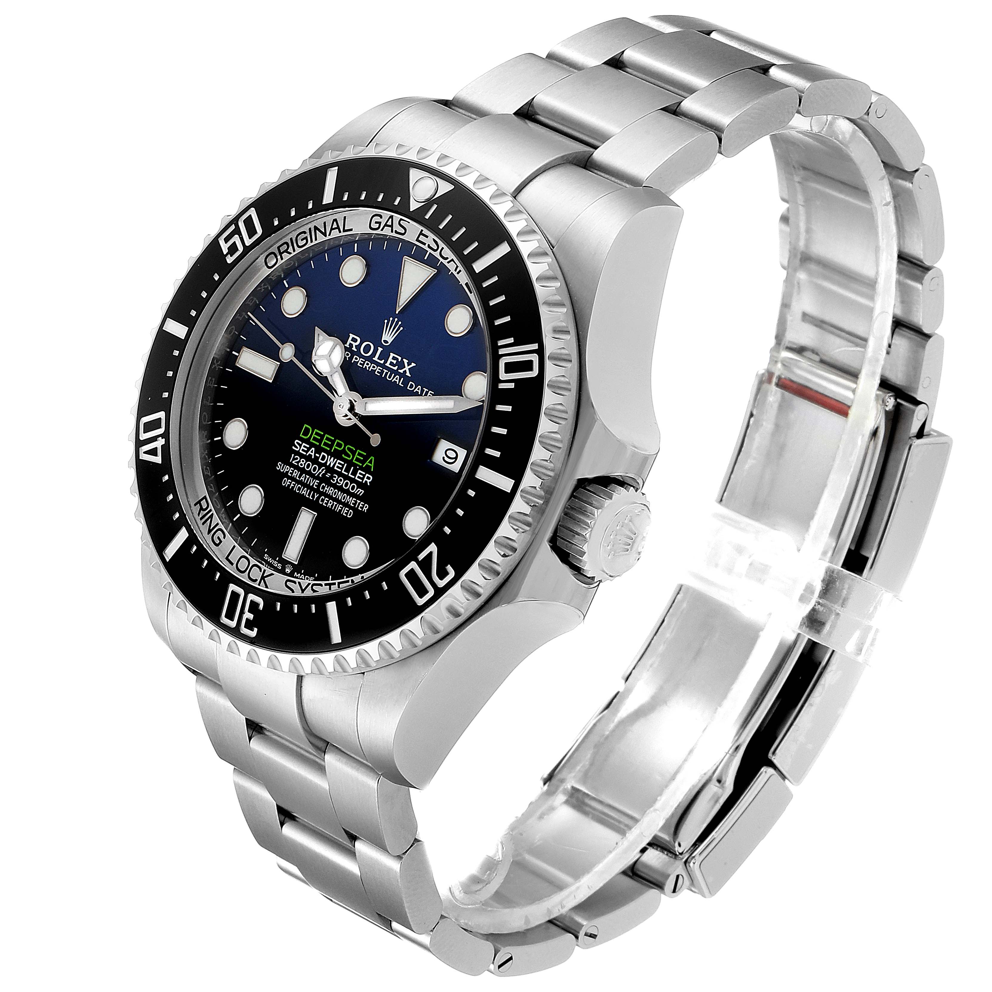 The image shows a side and front angle of a Rolex Sea-Dweller 126660 Men
s Stainless Steel Blue Dial 126660 Men
s Stainless Steel Blue Dial watch, featuring its bezel, dial, bracelet, and crown.