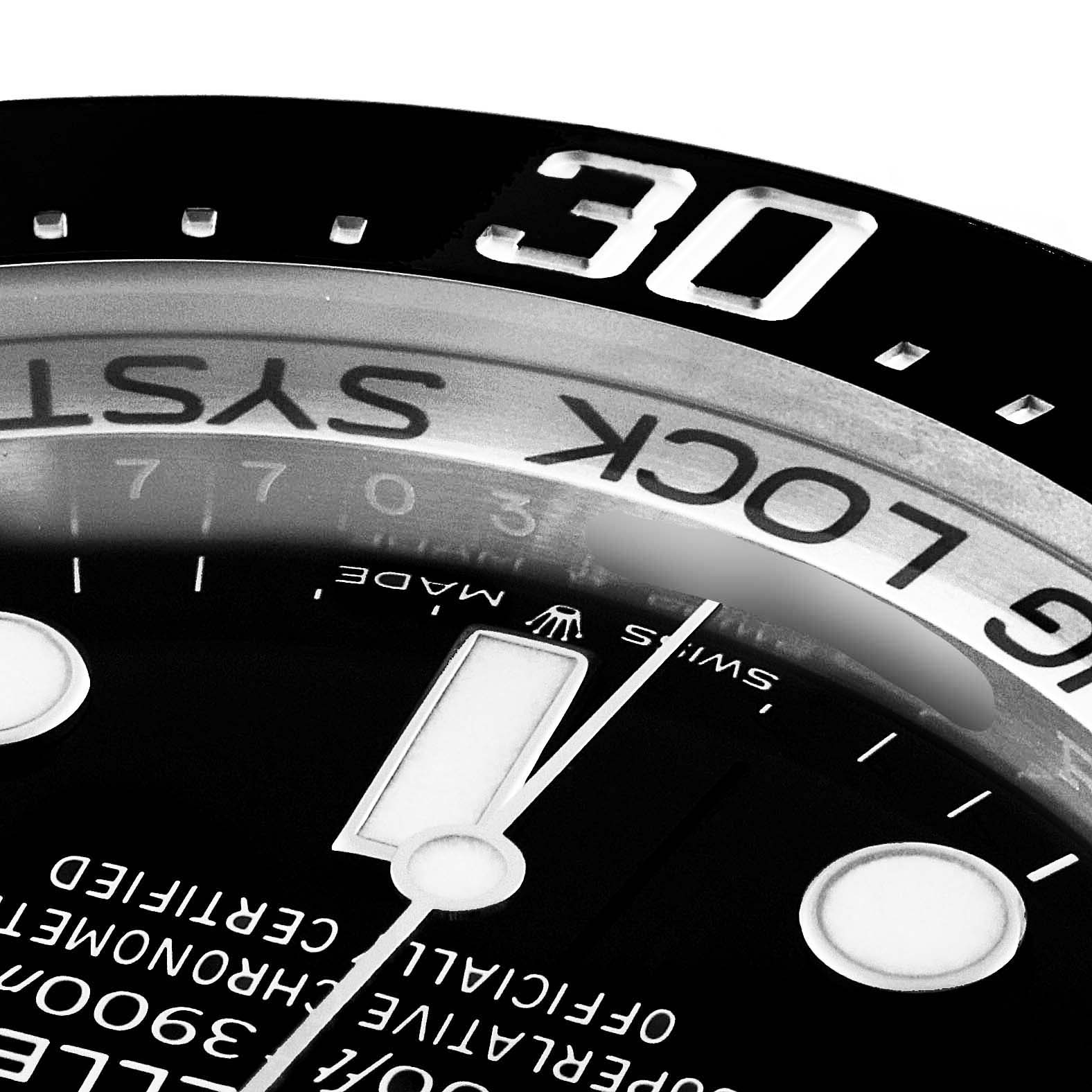 The image shows a close-up of the bezel and part of the dial of a Rolex Sea-Dweller 126660 Men
s Stainless Steel Blue Dial 126660 Men
s Stainless Steel Blue Dial watch, highlighting the "30" marker and "Ring Lock System" text.