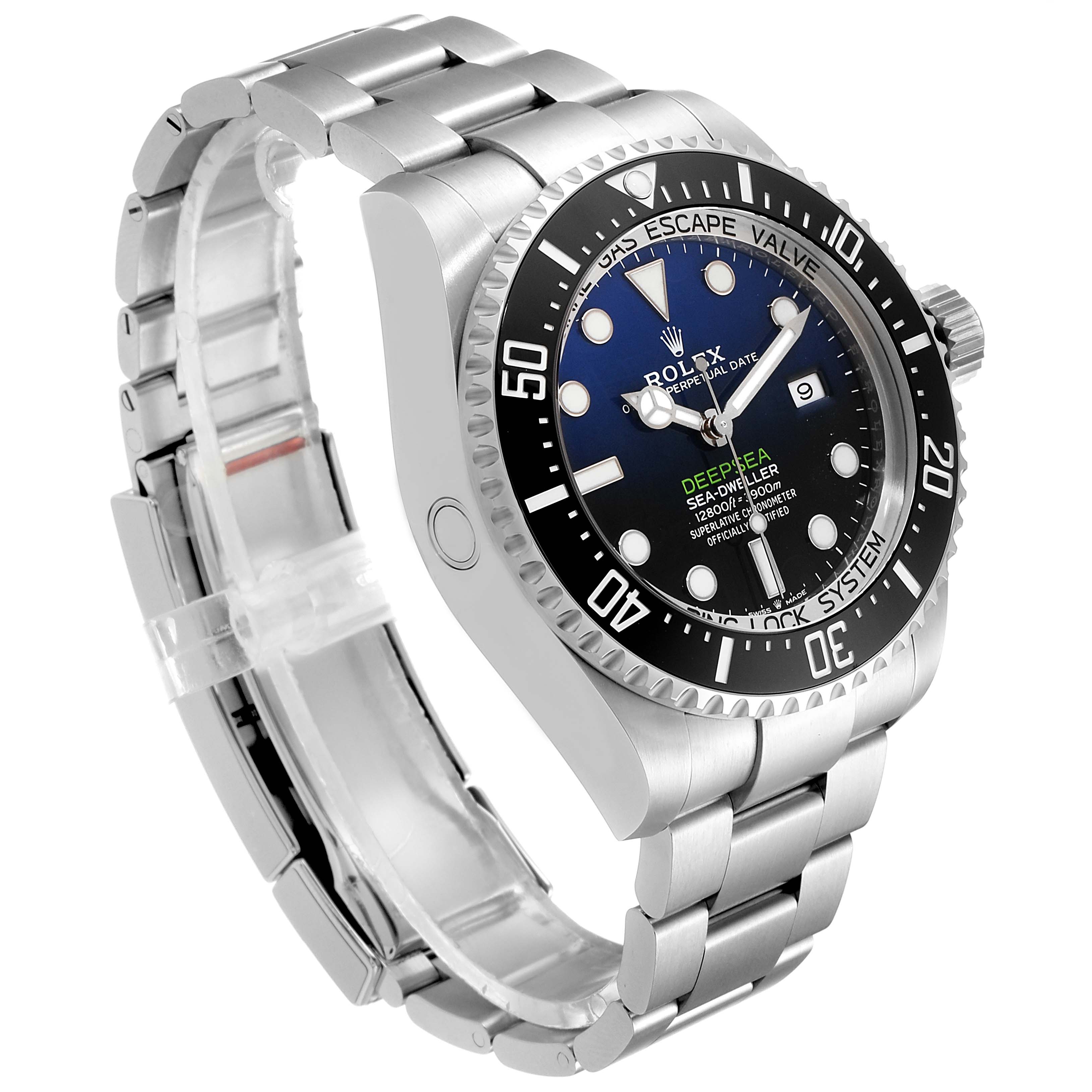 The Rolex Sea-Dweller 126660 Men
s Stainless Steel Blue Dial 126660 Men
s Stainless Steel Blue Dial watch is shown at an angle emphasizing the bezel, dial, crown, and stainless steel bracelet.