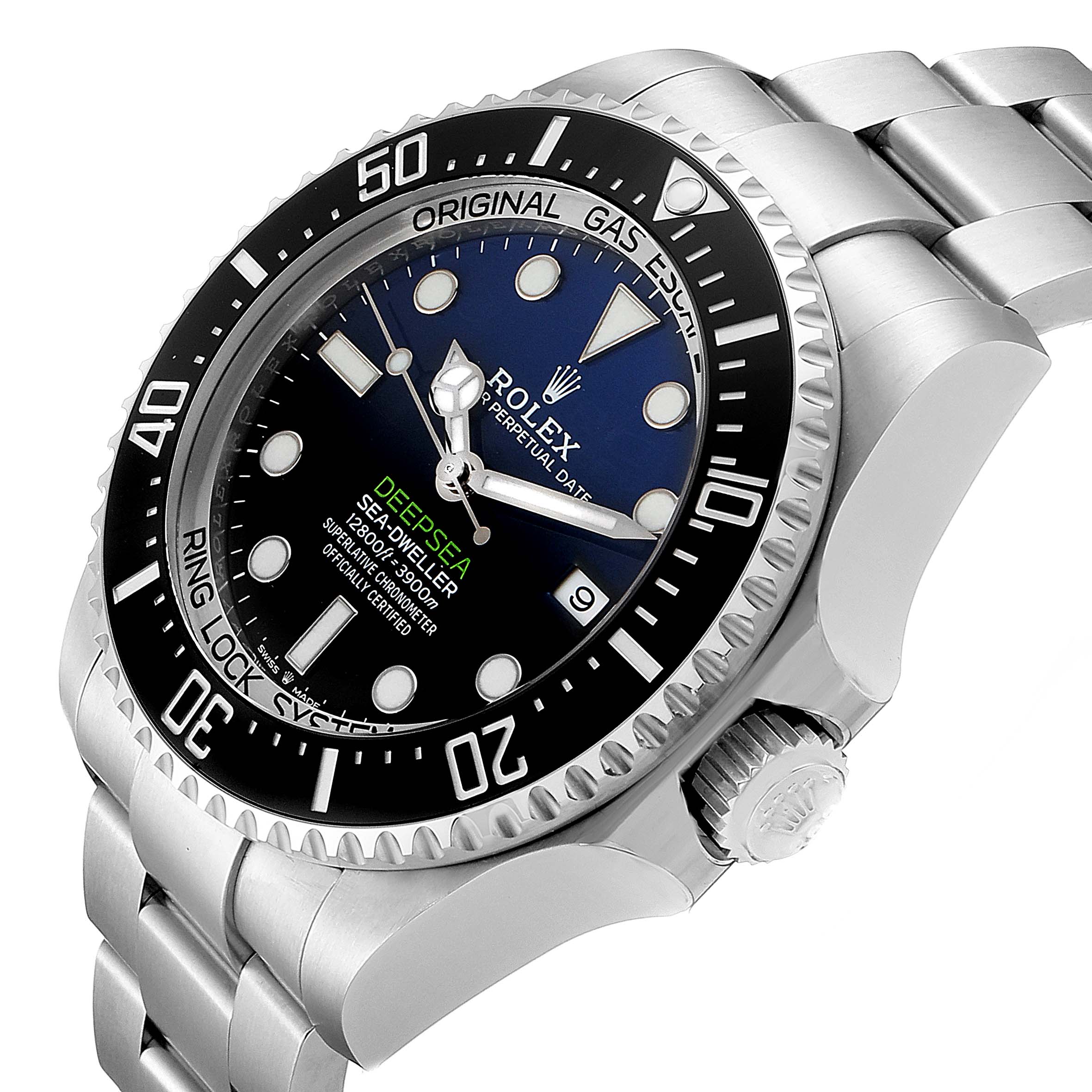 The image shows a Rolex Sea-Dweller 126660 Men
s Stainless Steel Blue Dial 126660 Men
s Stainless Steel Blue Dial watch at an angle, highlighting its bezel, dial, bracelet, and crown.