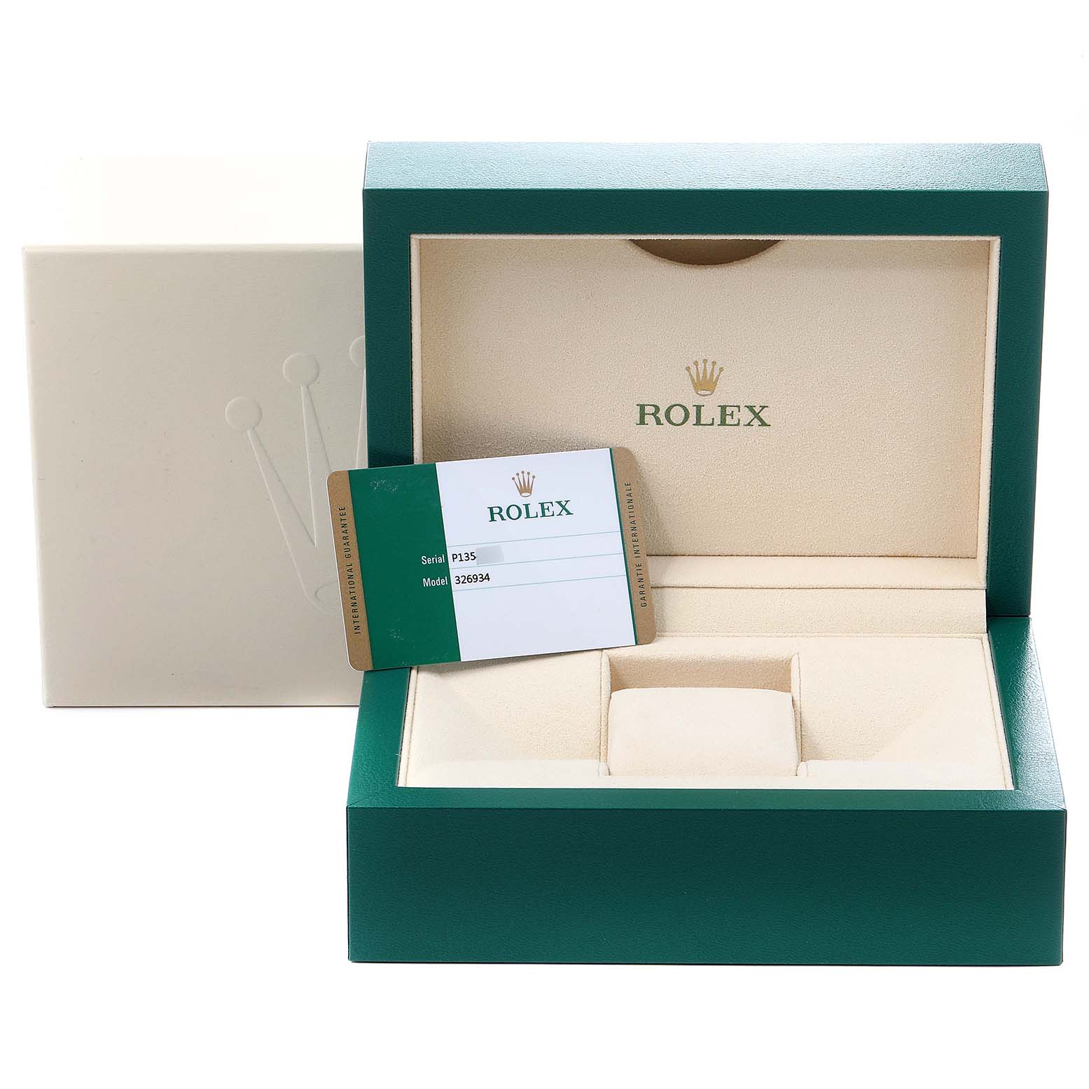The image shows a Rolex Sky-Dweller 326934 Men's Stainless Steel Black Dial 326934 Men's Stainless Steel Black Dial watch box, including its green authenticity card, displayed from the front angle.