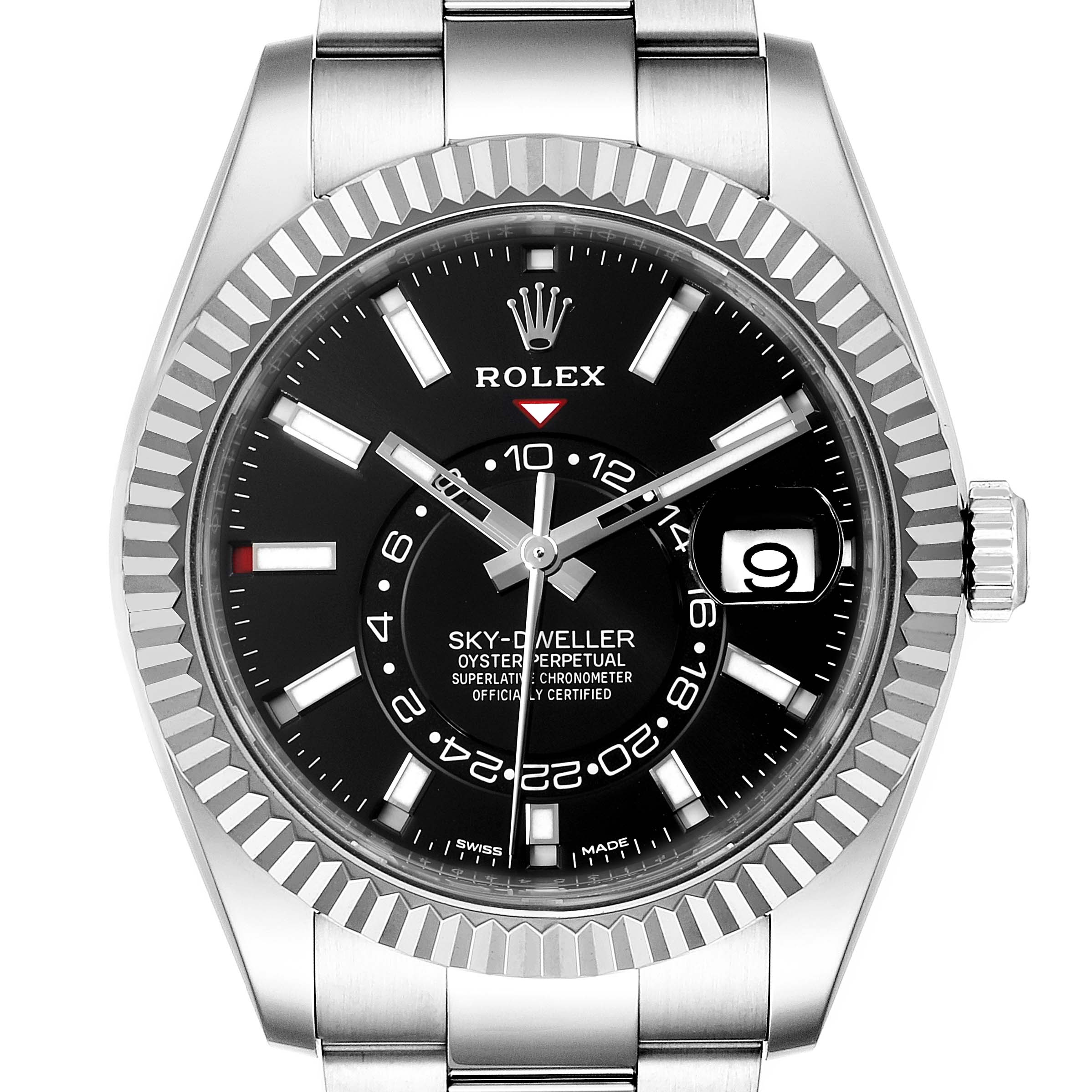 This image shows a front view of the Rolex Sky-Dweller 326934 Men's Stainless Steel Black Dial 326934 Men's Stainless Steel Black Dial watch, highlighting its black dial, date display, and bezel.