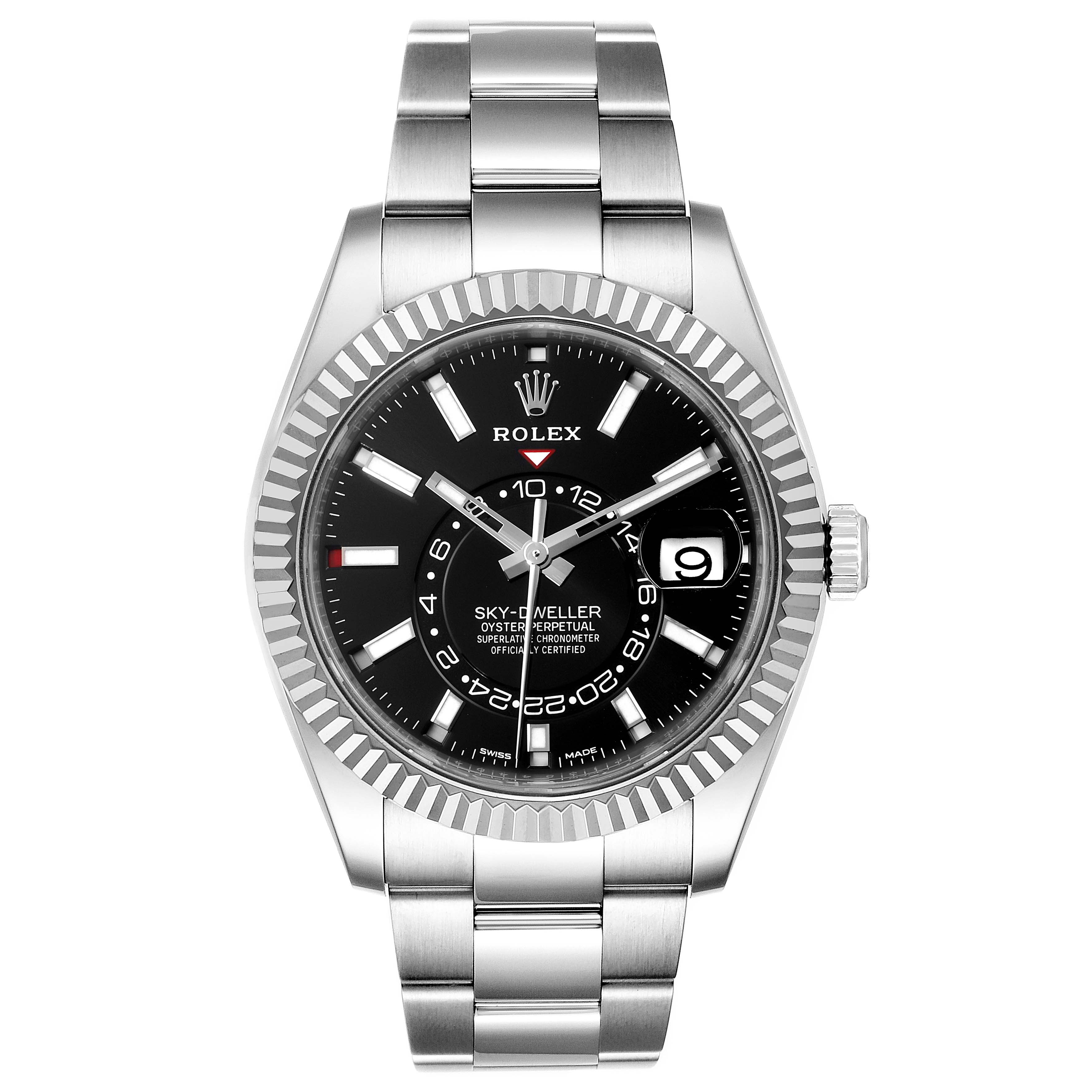 This Rolex Sky-Dweller 326934 Men's Stainless Steel Black Dial 326934 Men's Stainless Steel Black Dial watch is shown from a front angle, displaying the face, bezel, crown, and bracelet.