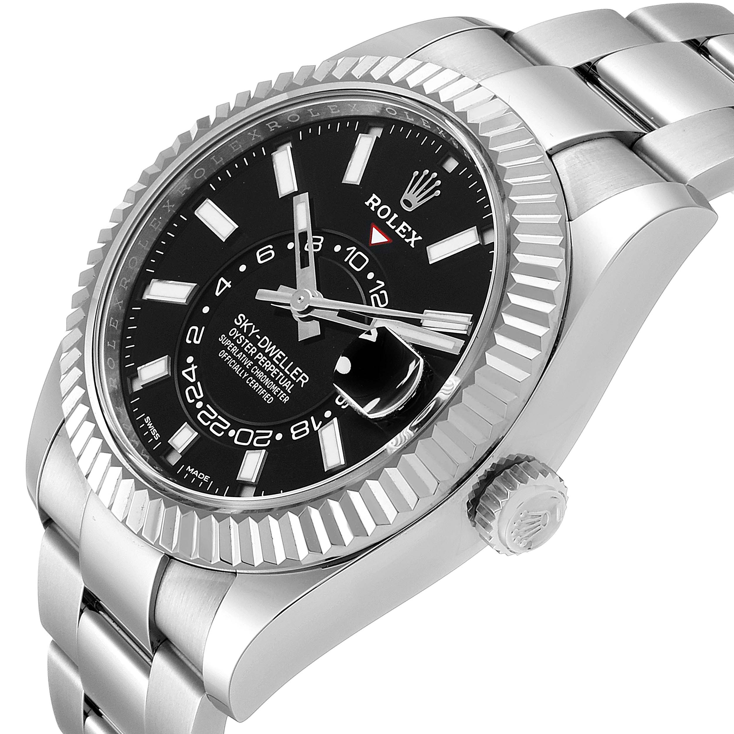 This image shows a Rolex Sky-Dweller 326934 Men's Stainless Steel Black Dial 326934 Men's Stainless Steel Black Dial watch from an angled side view, highlighting the face, bezel, and part of the bracelet.