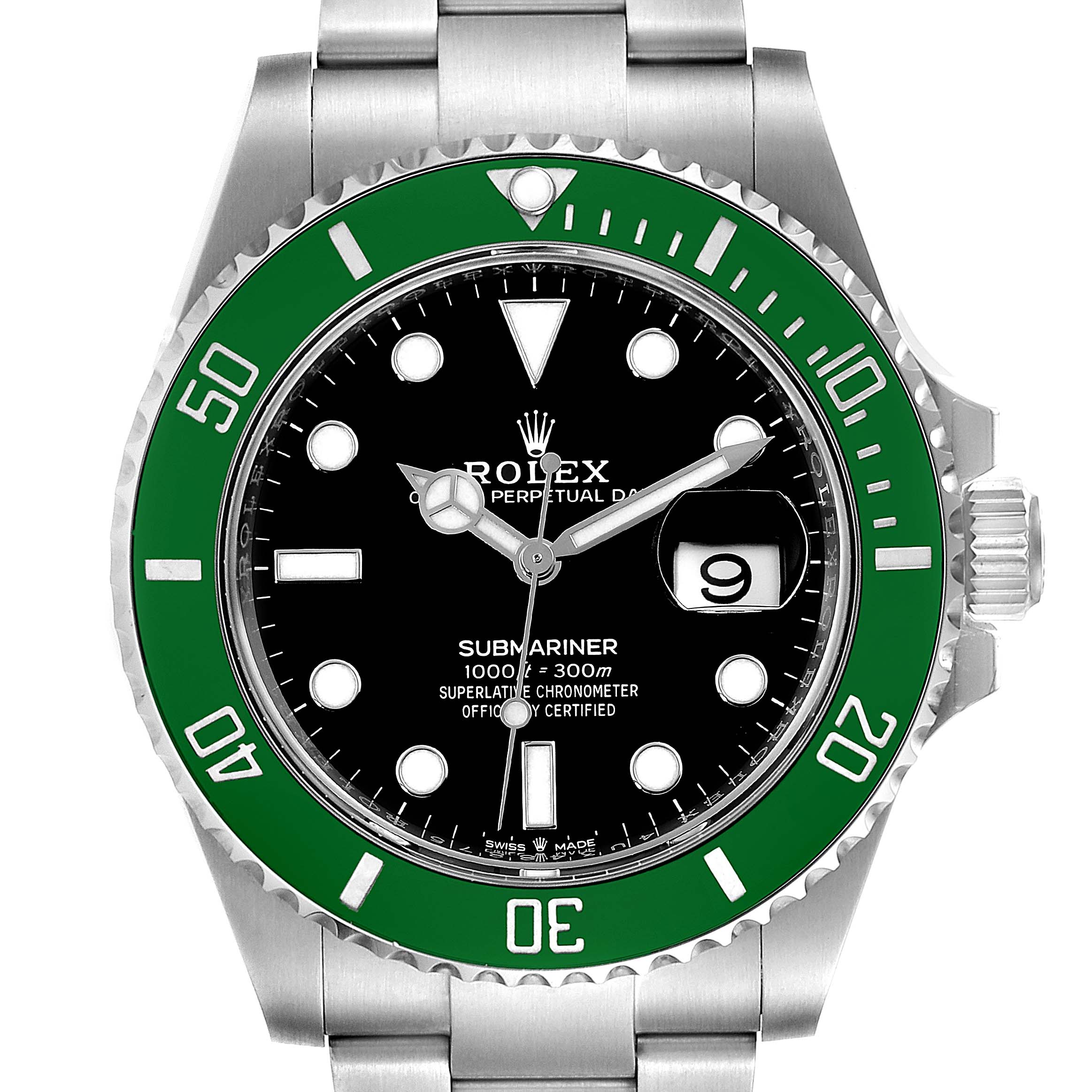 This image shows a front view of a Rolex Submariner 126610LV Men's Stainless Steel Black Dial 126610LV Men's Stainless Steel Black Dial watch, featuring the dial, bezel, and part of the bracelet.