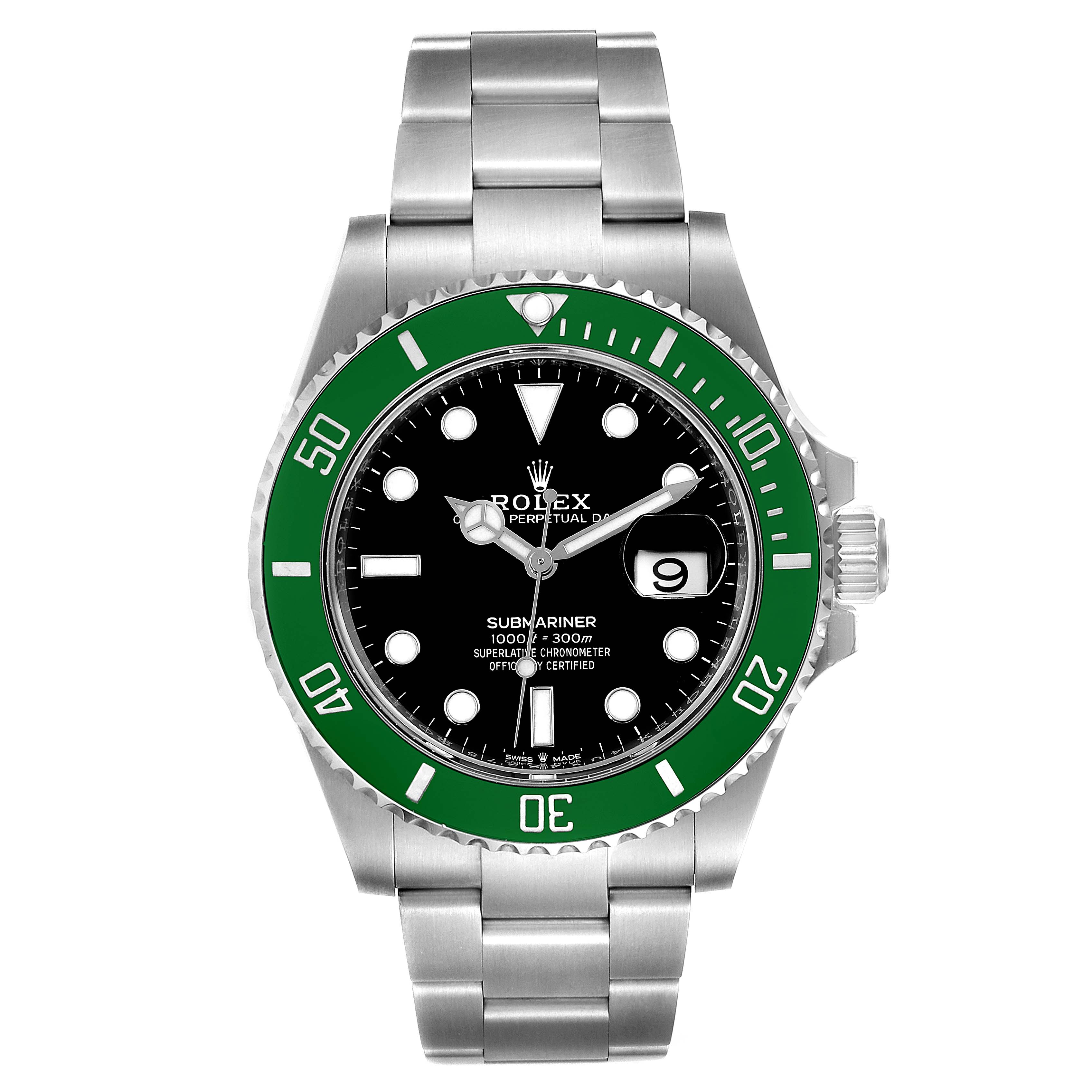 The image shows a Rolex Submariner 126610LV Men's Stainless Steel Black Dial 126610LV Men's Stainless Steel Black Dial watch from a front angle, highlighting its green bezel, black dial, and metal bracelet.