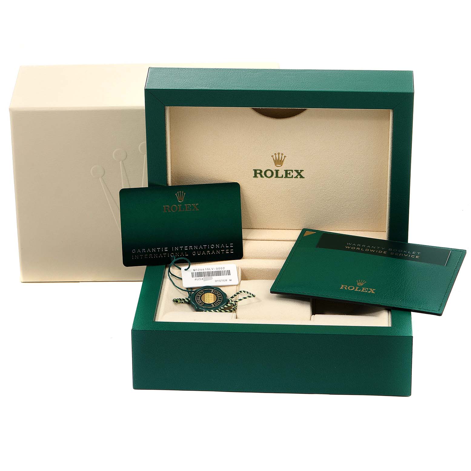 The image shows a Rolex Submariner 126610LV Men's Stainless Steel Black Dial 126610LV Men's Stainless Steel Black Dial box with a warranty card, booklet, and tag at an angled view.