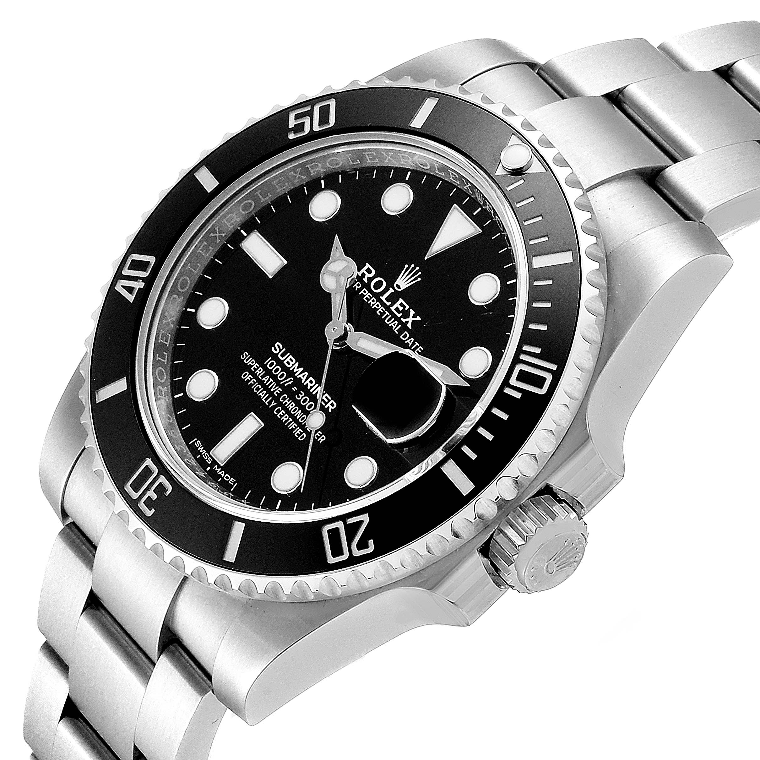 This image shows a close-up angle of the Rolex Submariner 116610 Men
s Stainless Steel Black Dial 116610 Men
s Stainless Steel Black Dial watch, highlighting its bezel, dial, and crown.