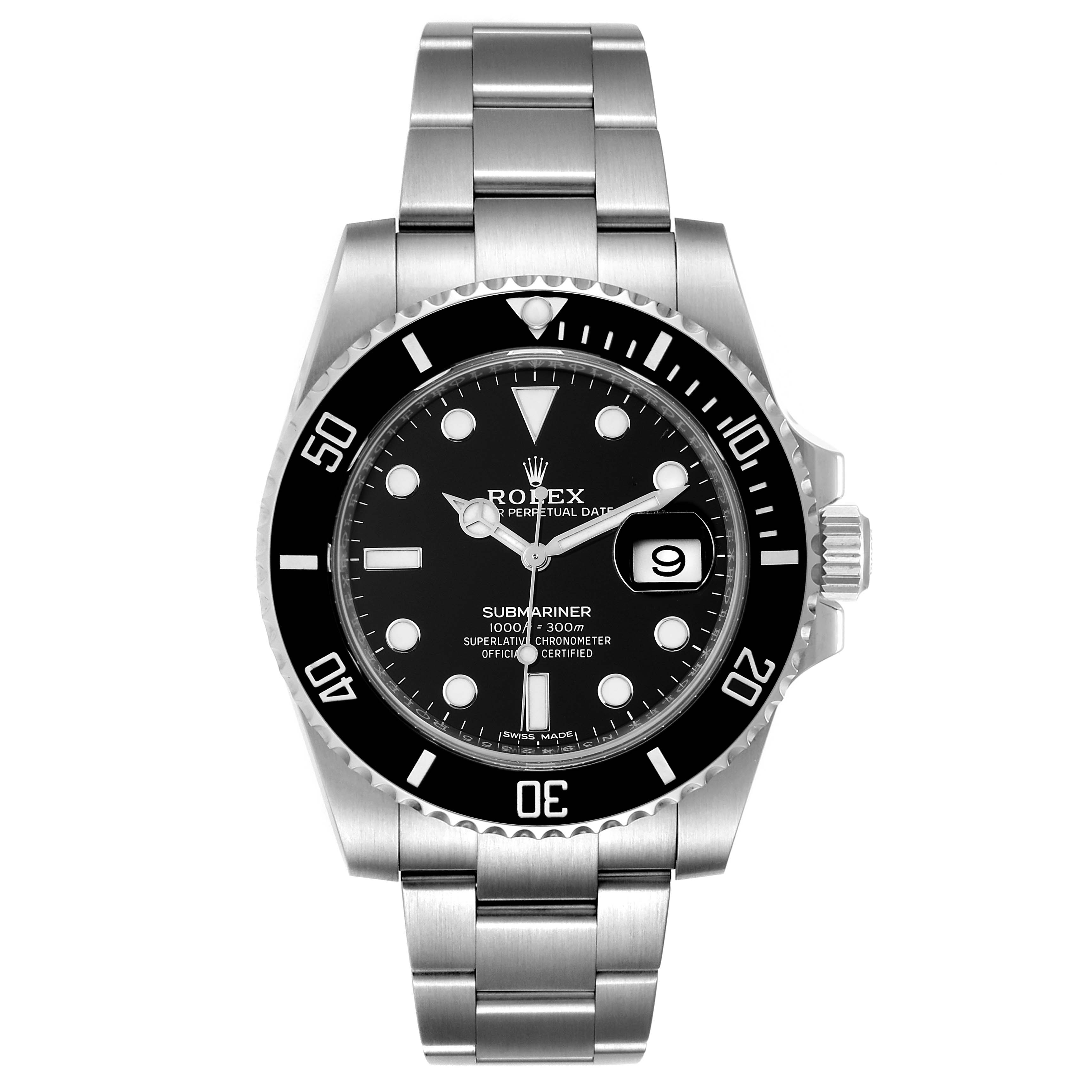 The image shows a front view of the Rolex Submariner 116610 Men
s Stainless Steel Black Dial 116610 Men
s Stainless Steel Black Dial watch, displaying the dial, bezel, bracelet, and date window.