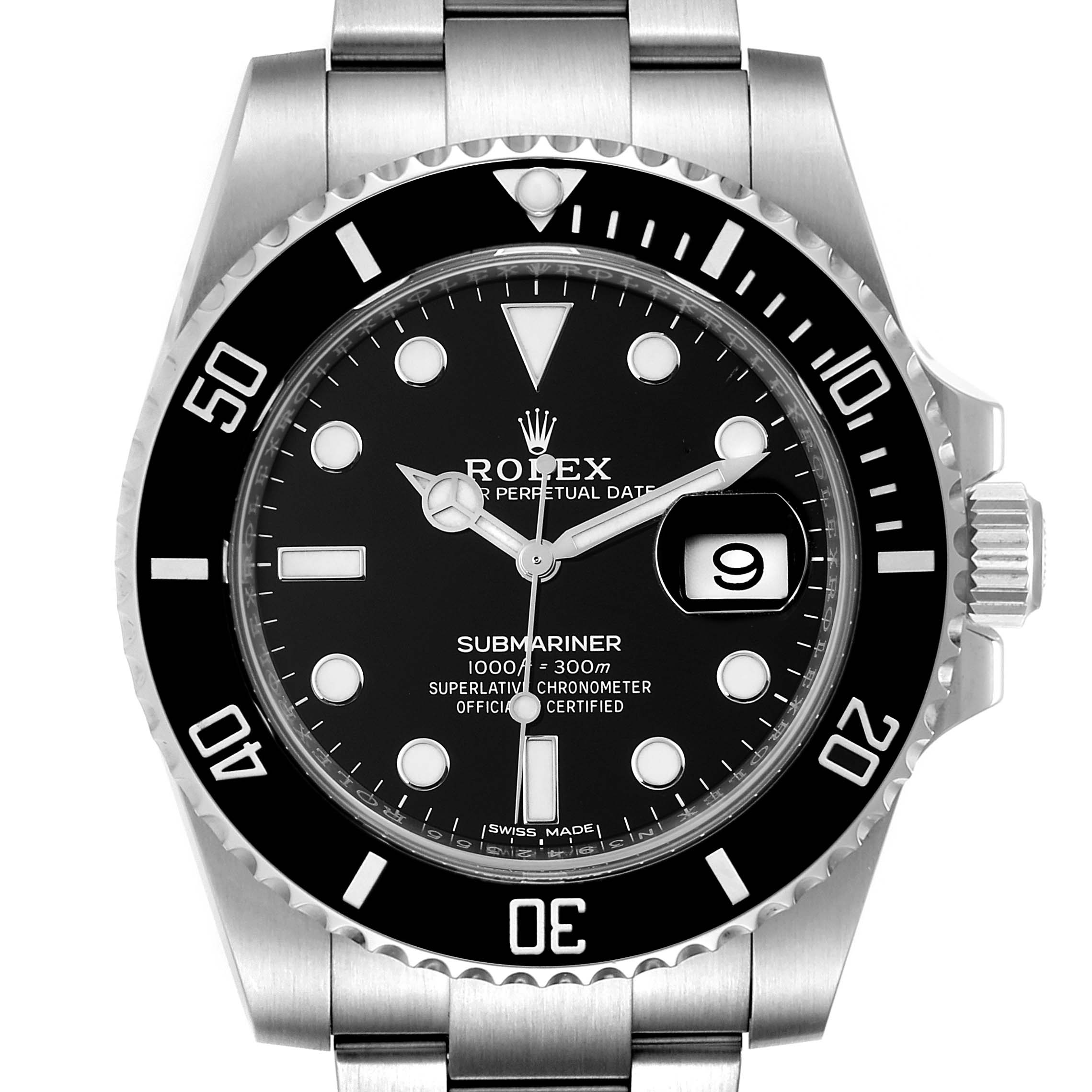 The image shows a front view of a Rolex Submariner 116610 Men
s Stainless Steel Black Dial 116610 Men
s Stainless Steel Black Dial watch, displaying its bezel, dial, and bracelet.