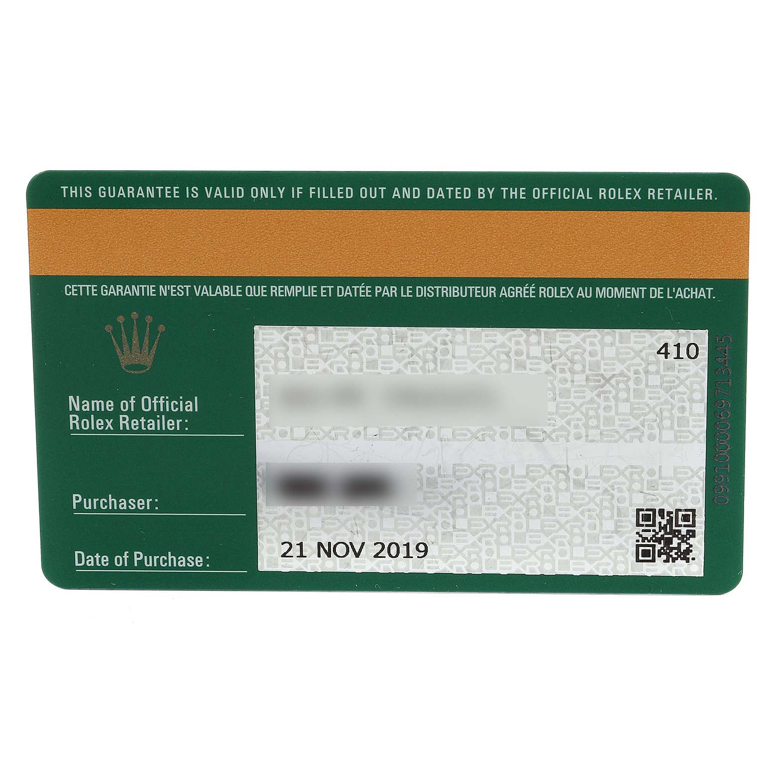 This image shows the official warranty card for a Rolex Submariner 116610 Men
s Stainless Steel Black Dial 116610 Men
s Stainless Steel Black Dial watch, viewed from above.