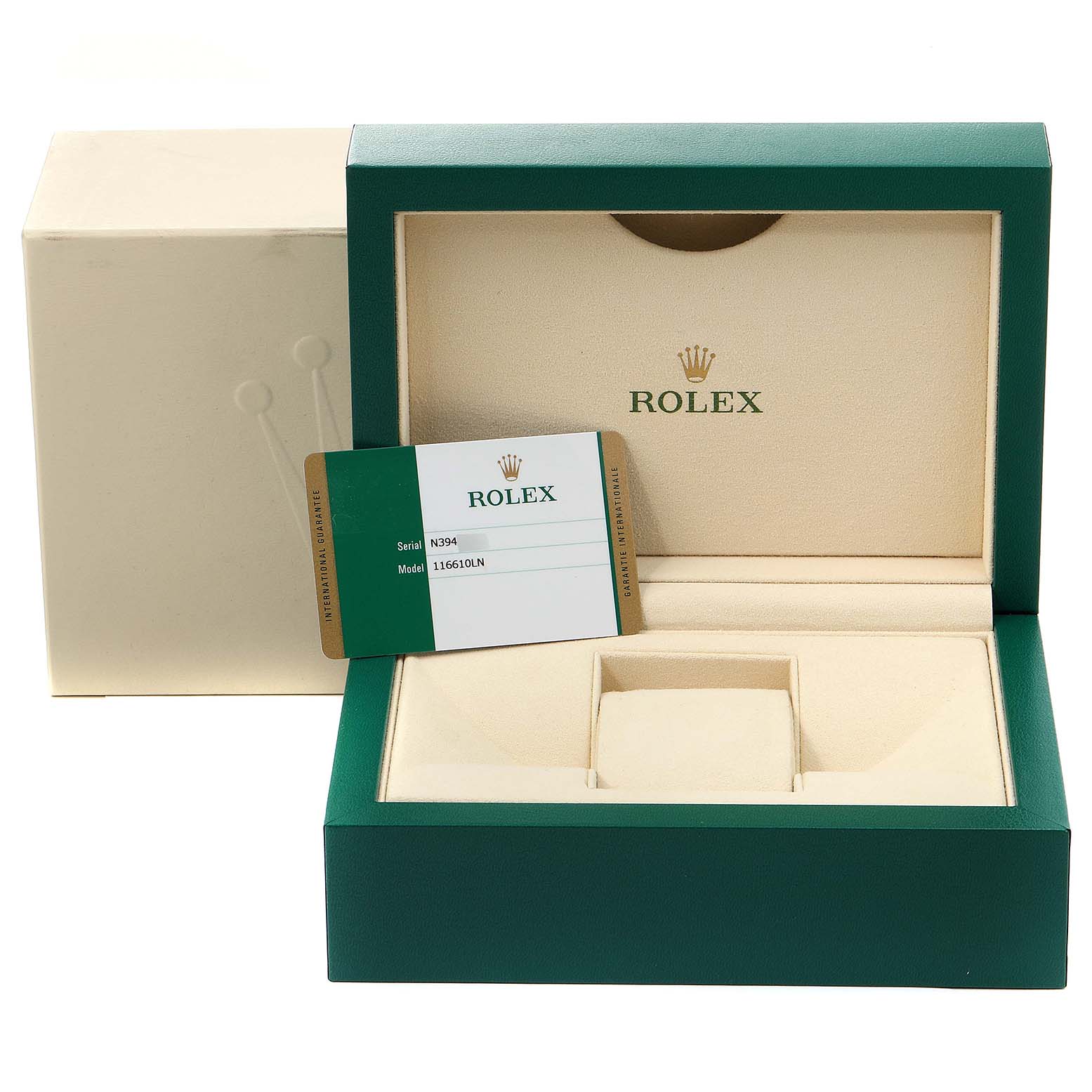 This image shows the packaging, inner box, and serial/model card for a Rolex Submariner 116610 Men
s Stainless Steel Black Dial 116610 Men
s Stainless Steel Black Dial watch model.