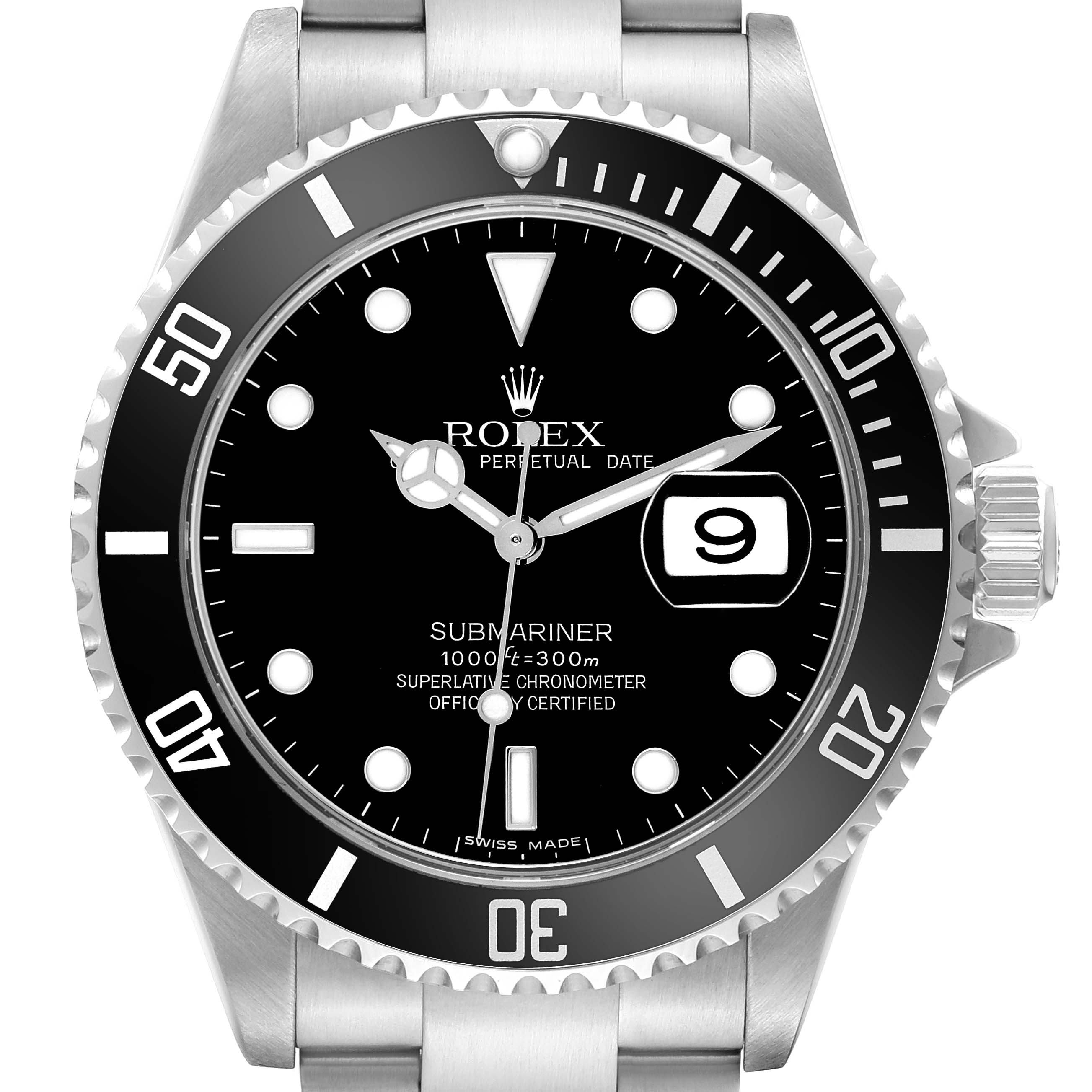 The Rolex Submariner 16610 Men
s Stainless Steel Black Dial 16610 Men
s Stainless Steel Black Dial watch is shown from the front, displaying the face, bezel, hands, and crown.