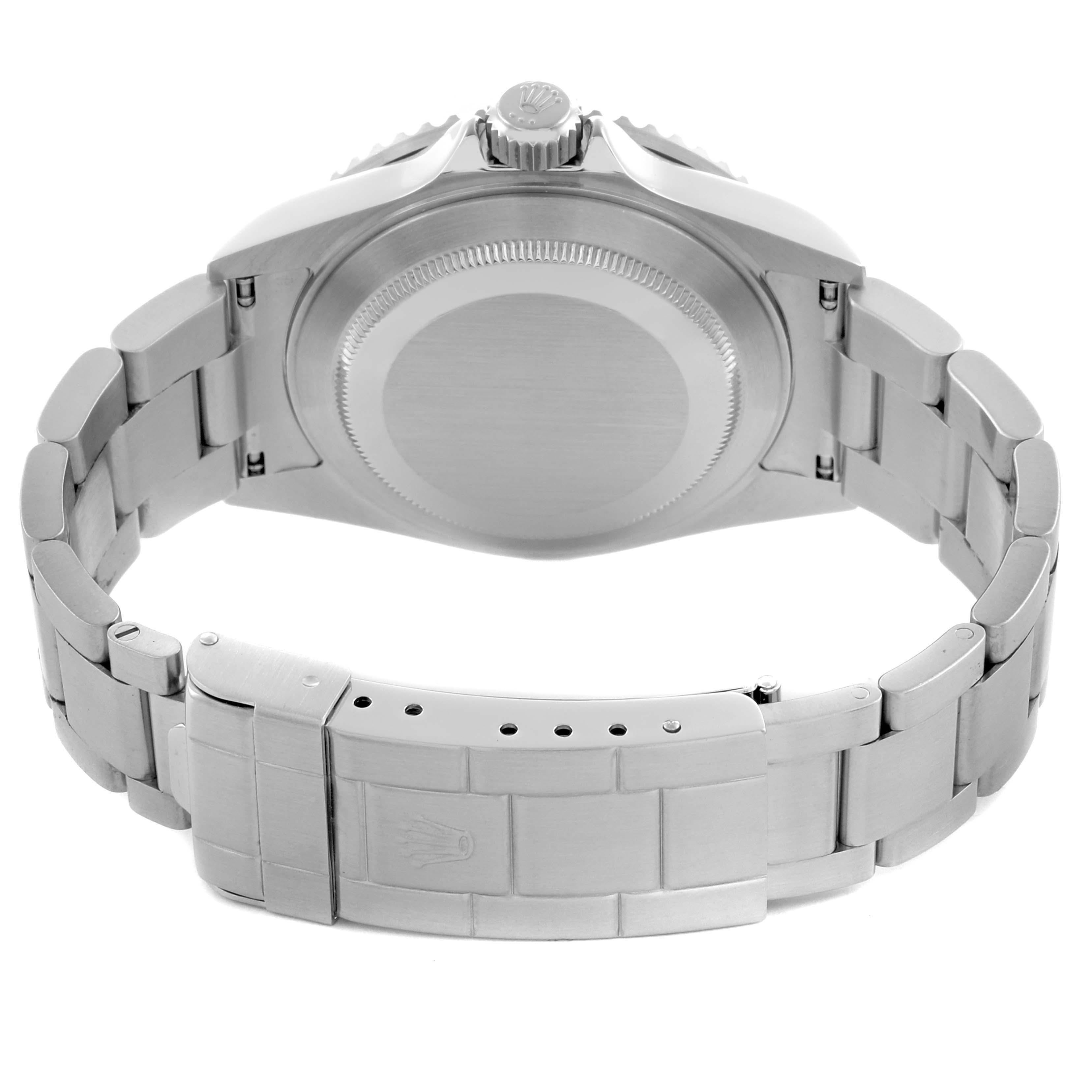 The image shows the back view of a Rolex Submariner 16610 Men
s Stainless Steel Black Dial 16610 Men
s Stainless Steel Black Dial, highlighting the case back and bracelet clasp.