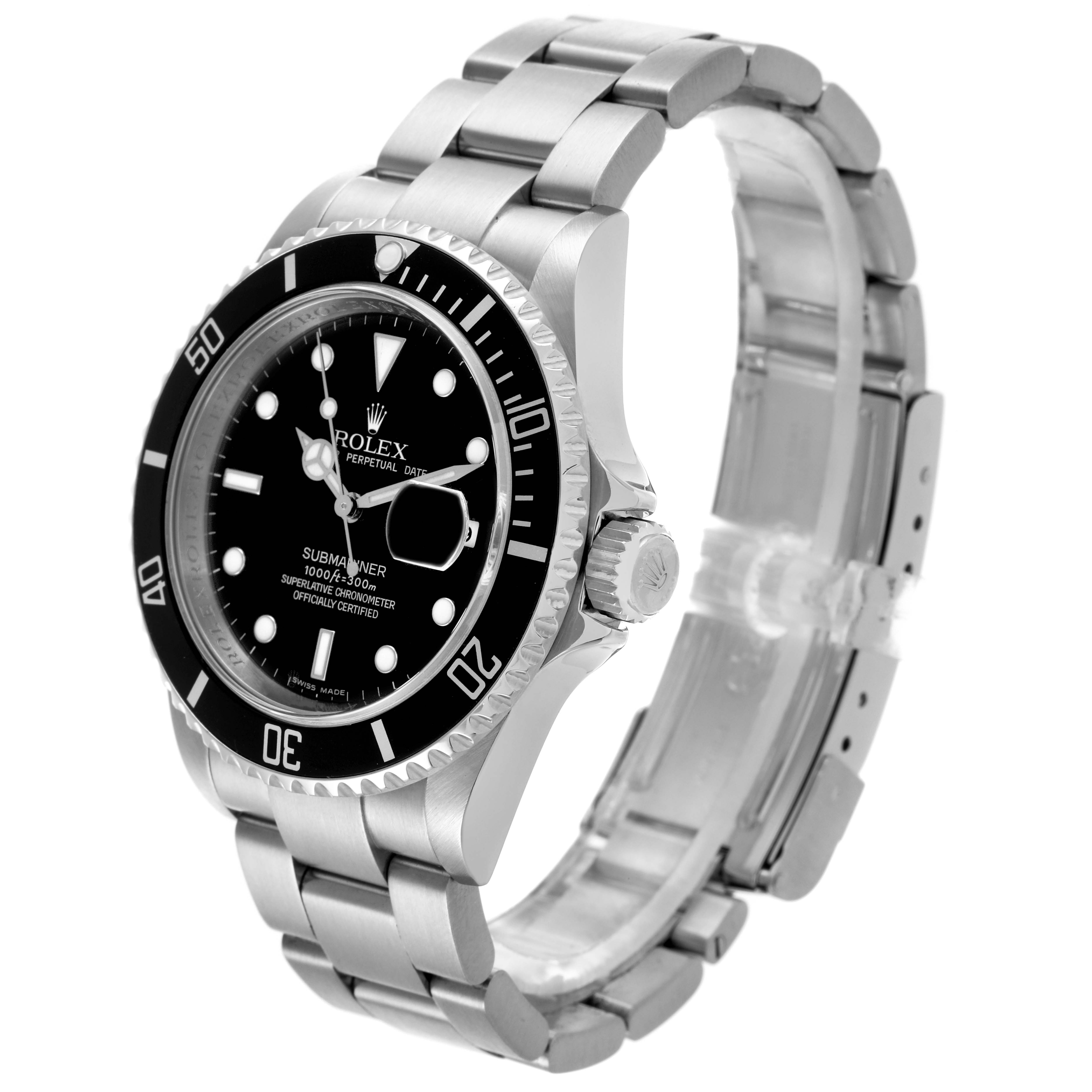 The Rolex Submariner 16610 Men
s Stainless Steel Black Dial 16610 Men
s Stainless Steel Black Dial watch is shown at a three-quarter angle, displaying its face, bezel, crown, and bracelet.