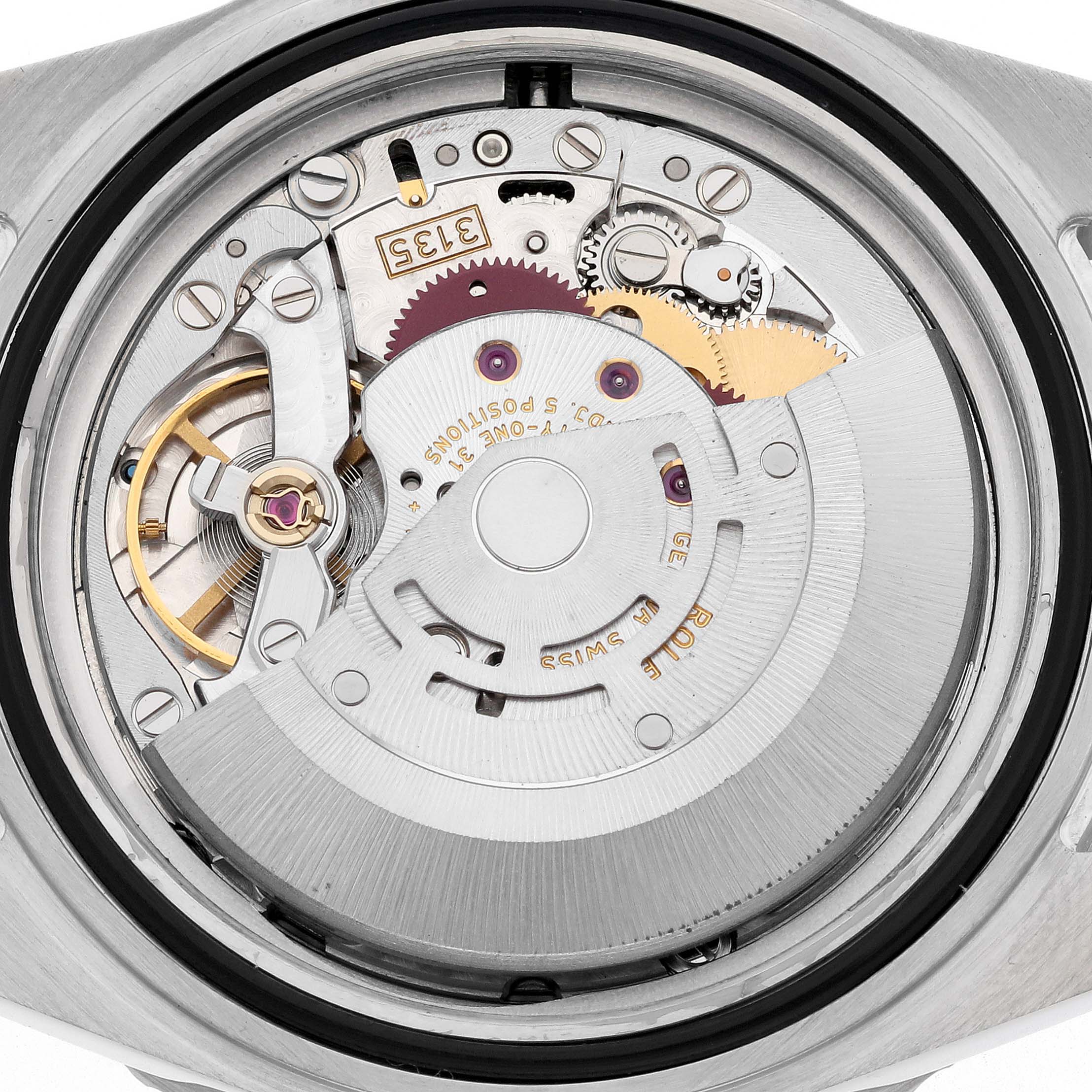 The image shows the intricate movement of a Rolex Submariner 16610 Men
s Stainless Steel Black Dial 16610 Men
s Stainless Steel Black Dial watch from the backside.