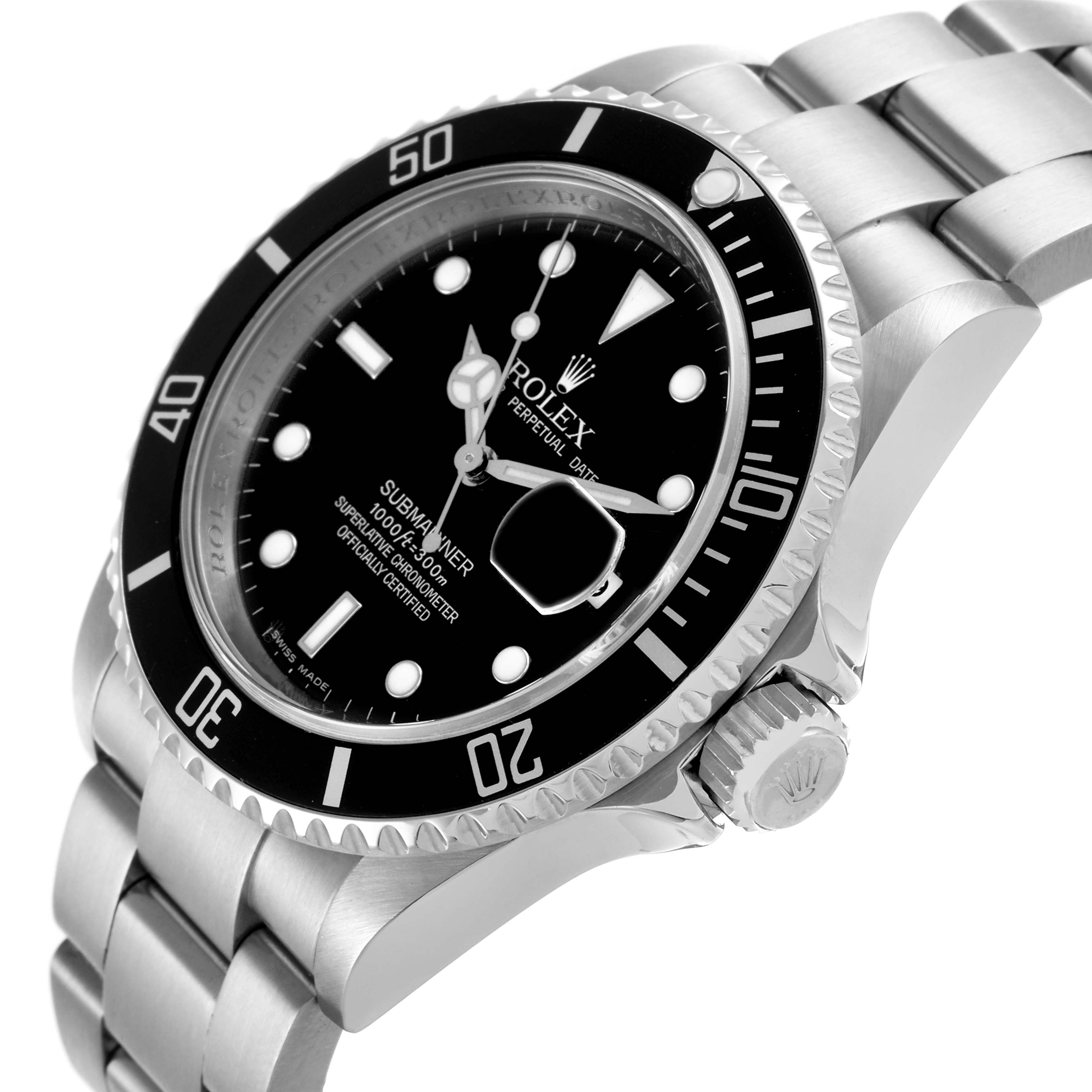The Rolex Submariner 16610 Men
s Stainless Steel Black Dial 16610 Men
s Stainless Steel Black Dial is shown at a three-quarter angle highlighting the dial, bezel, crown, and part of the bracelet.