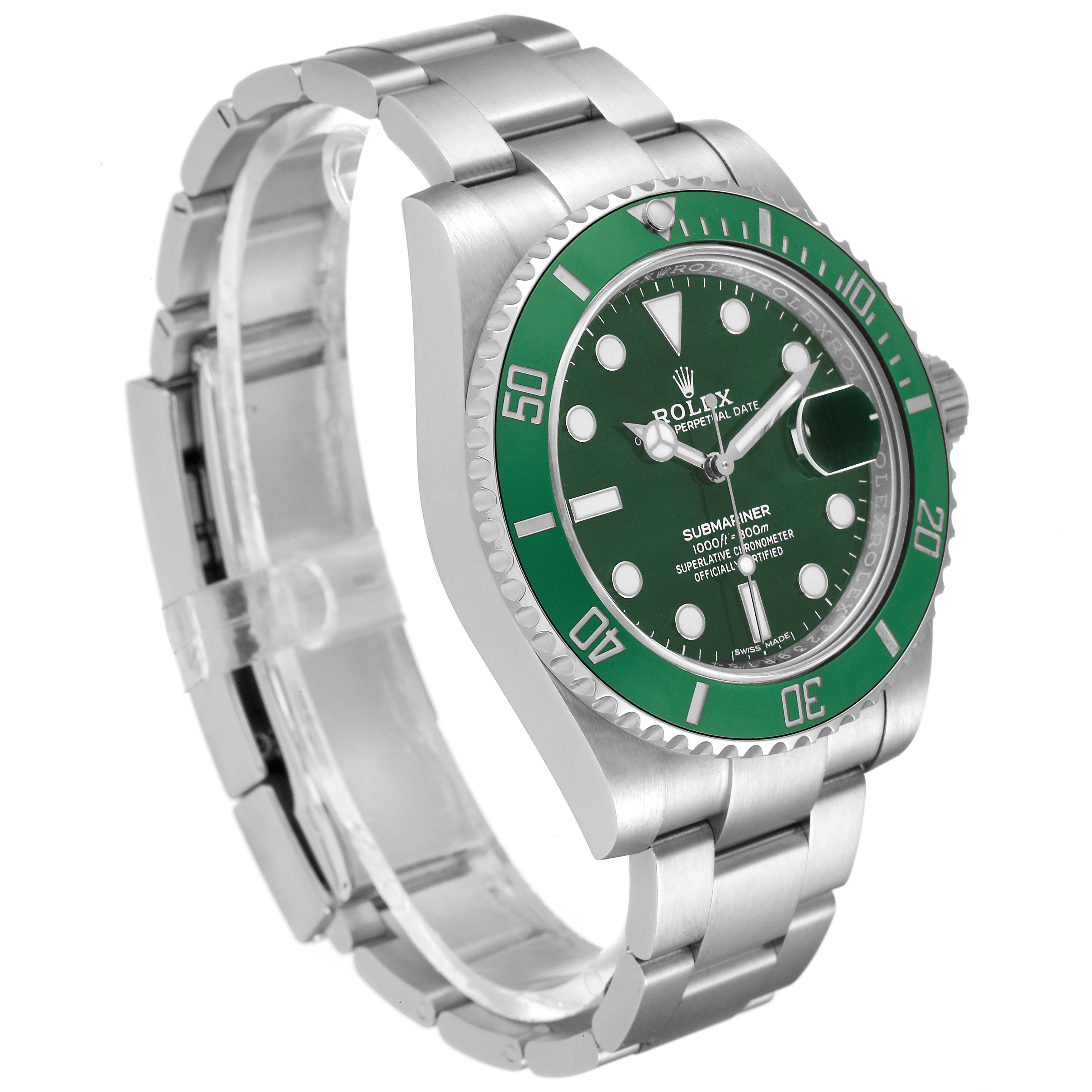 This image shows a side and partial front view of a Rolex Submariner 116610LV Men
s Stainless Steel Green Dial 116610LV Men
s Stainless Steel Green Dial watch displaying its green bezel, dial, and bracelet.